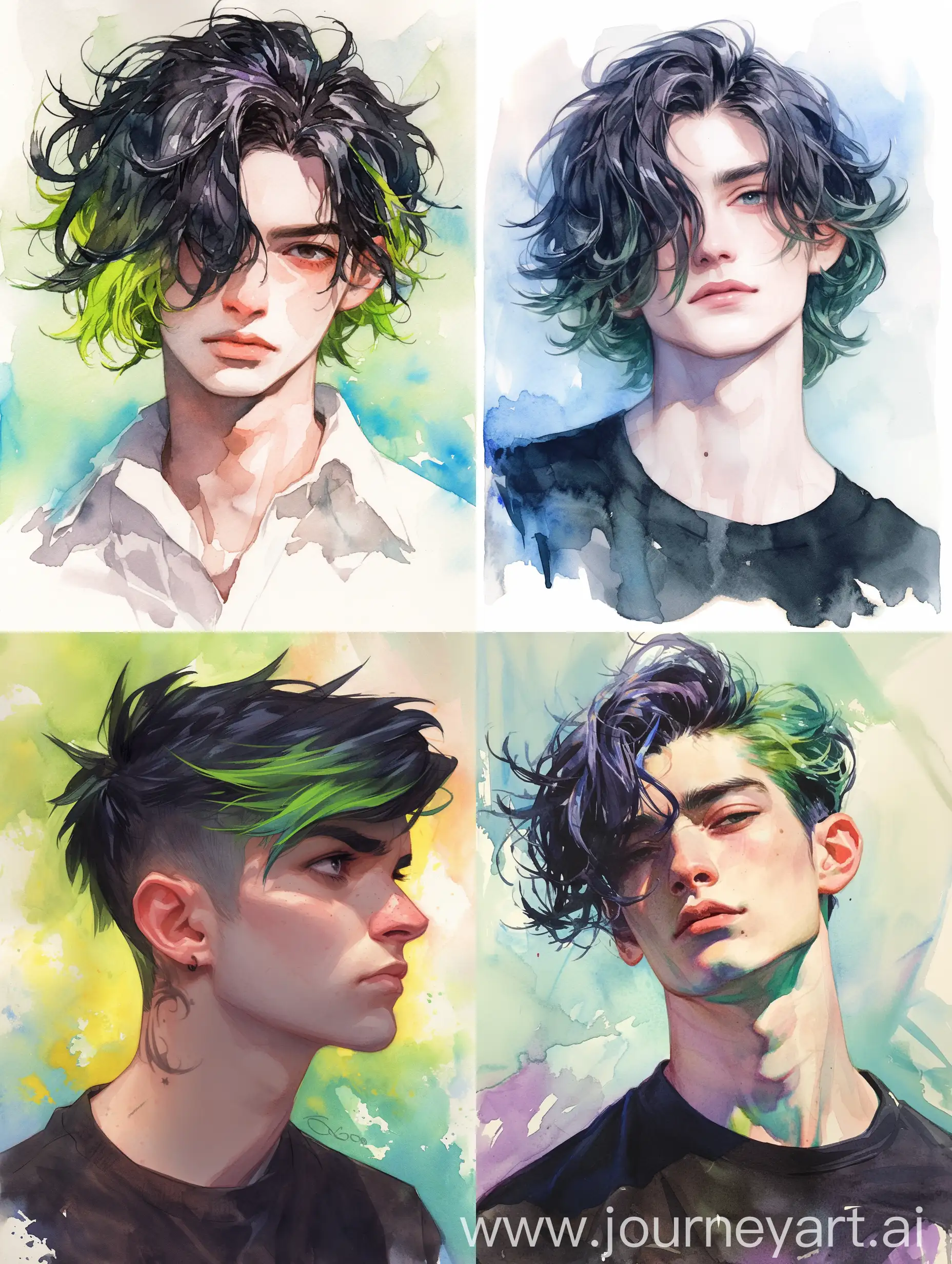 Male portrait with black and green hair, colored background, watercolor --niji 6