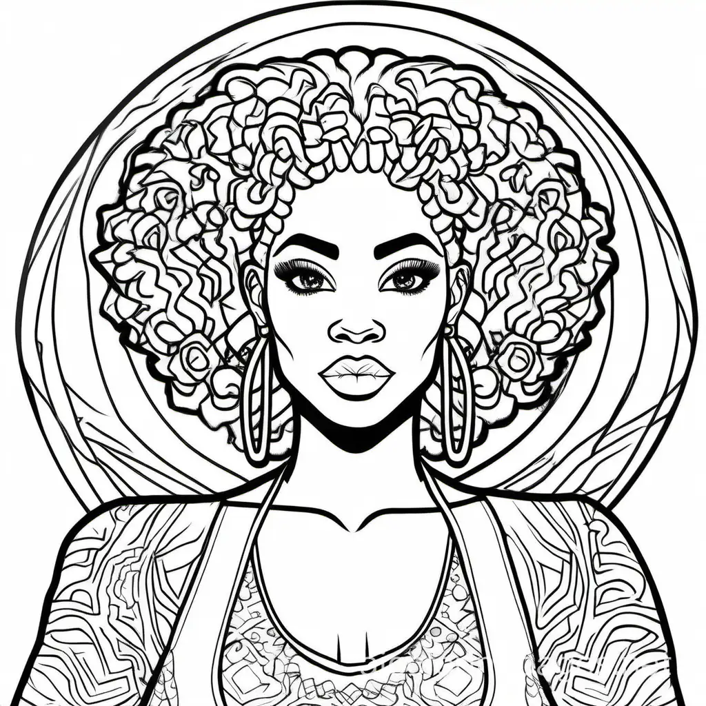 Black Girl Magic coloring book that celebrates the beauty, strength, and resilience of Black girls and women., Coloring Page, black and white, line art, white background, Simplicity, Ample White Space. The background of the coloring page is plain white to make it easy for young children to color within the lines. The outlines of all the subjects are easy to distinguish, making it simple for kids to color without too much difficulty