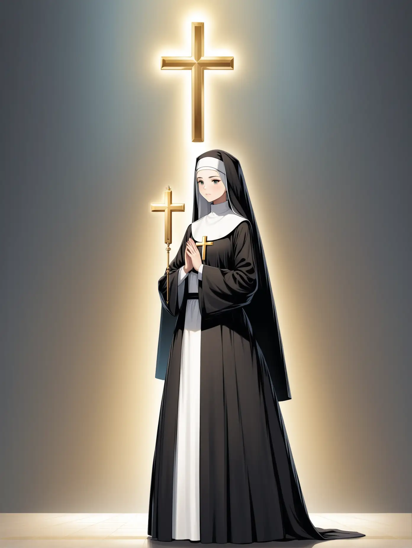 молодая девушка, монашка, стоит во весь рост, золотой крестик