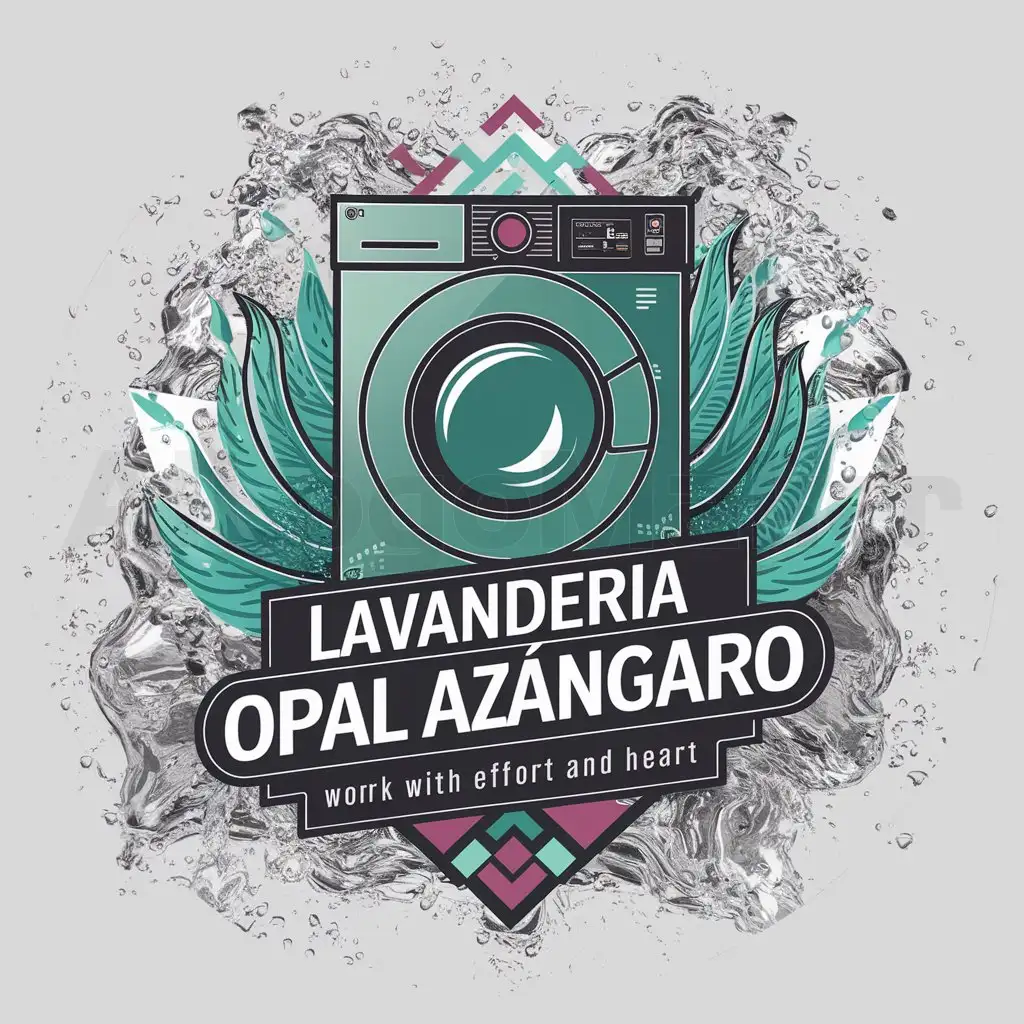 a logo design,with the text "lavanderia opal azangaro Work with effort foam and heart", main symbol:una lavadora de color turquesa with water drops,complex,clear background