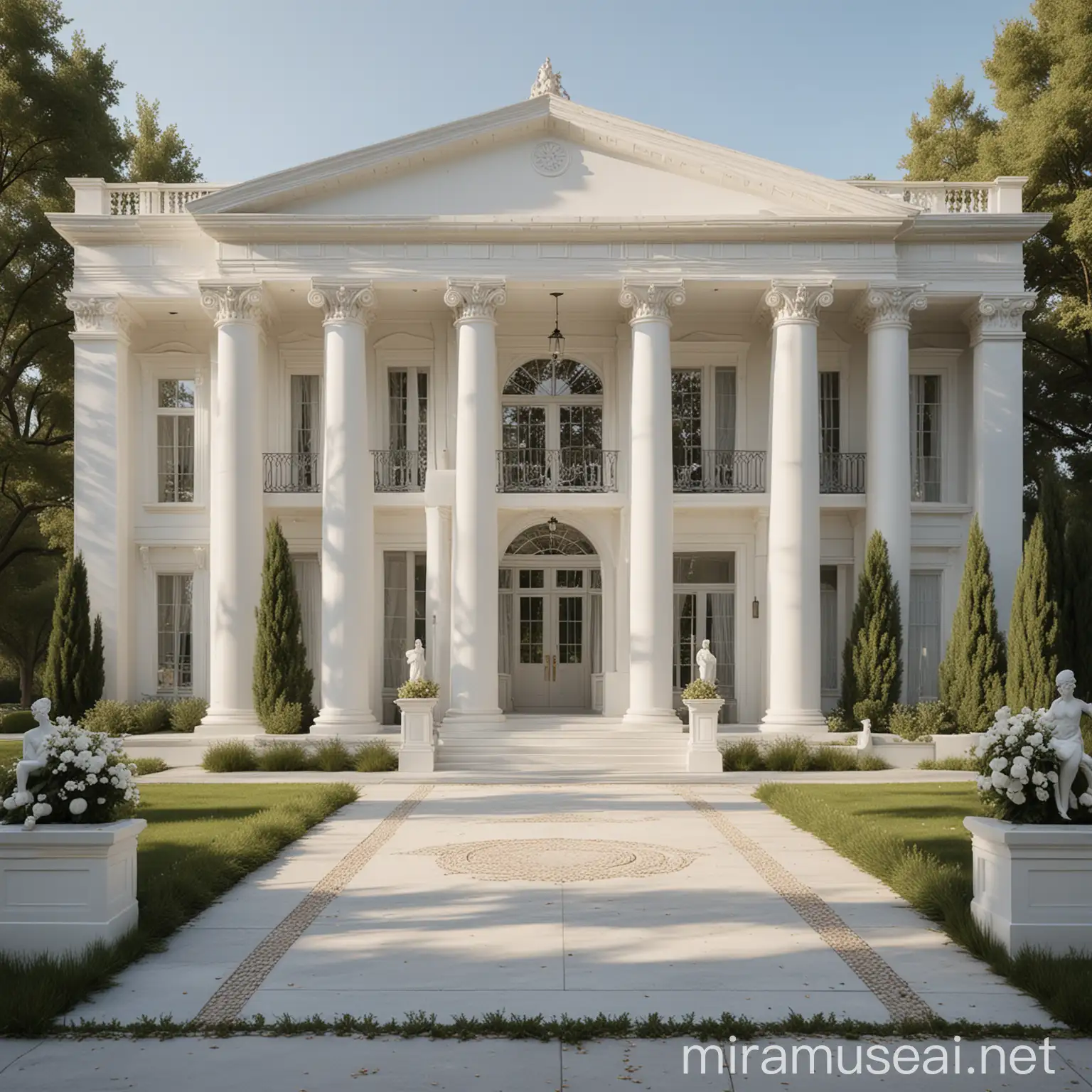 A realistic architectural design image of a neoclassical minimalist exterior of a house painted white with beautifully decorated Corinthian columns in front, floor-to-ceiling length French windows, light drapes, paved outdoor driveway, a large open front yard with trees, Greek statue ornaments, lighting, in a daylight ambience.