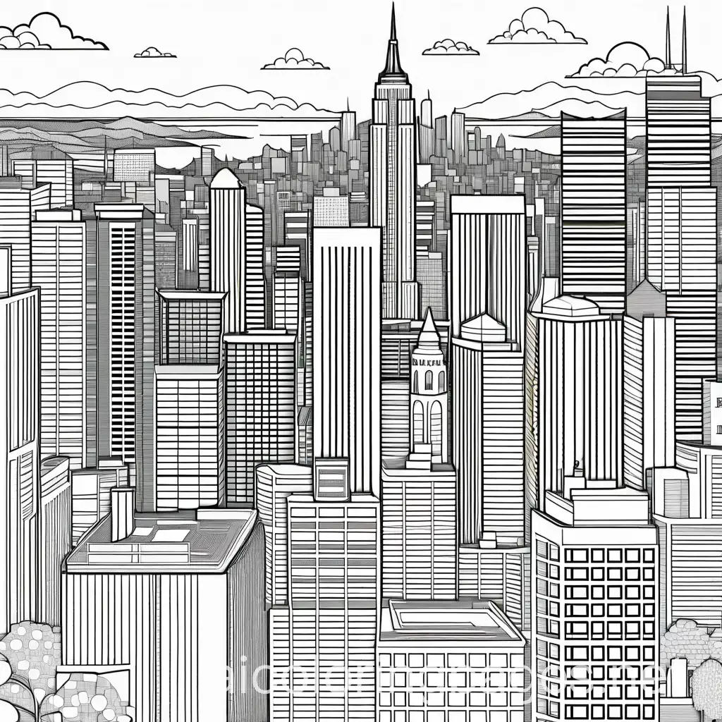 city collage, Coloring Page, black and white, line art, white background, Simplicity, Ample White Space