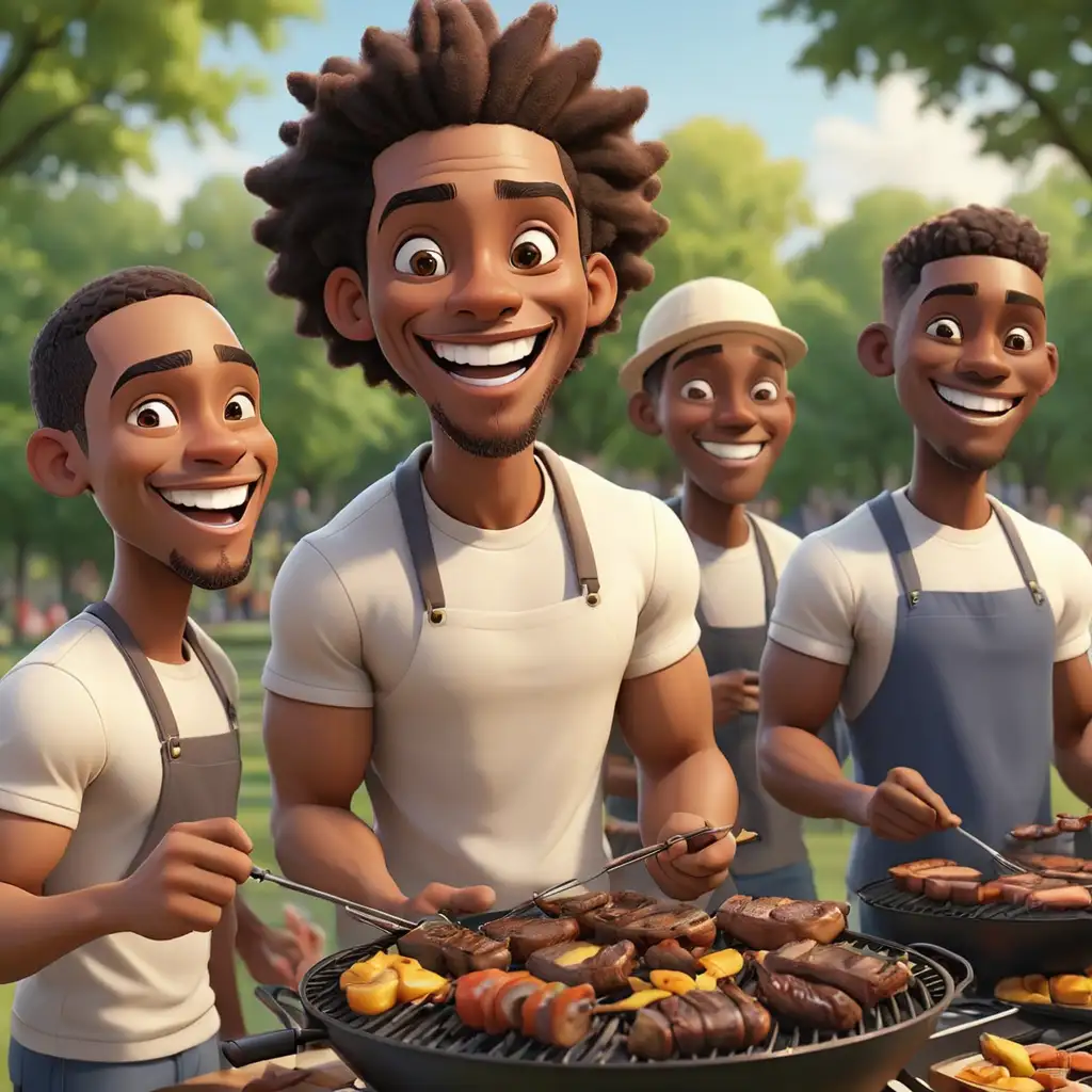defined 3D cartoon-style light-skinned  African American men smiling  and barbequing in the park