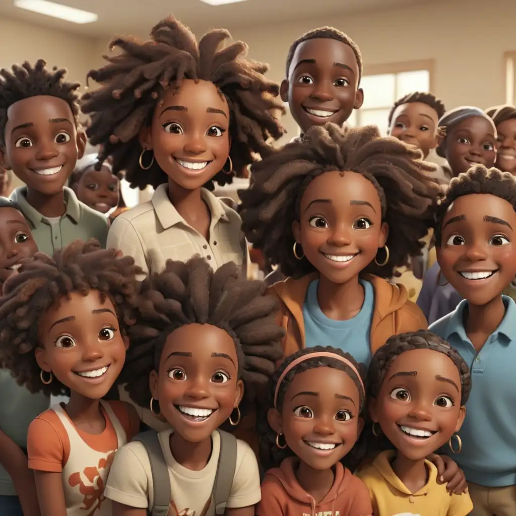 defined 3D cartoon-style African Americans at the community center smiling 