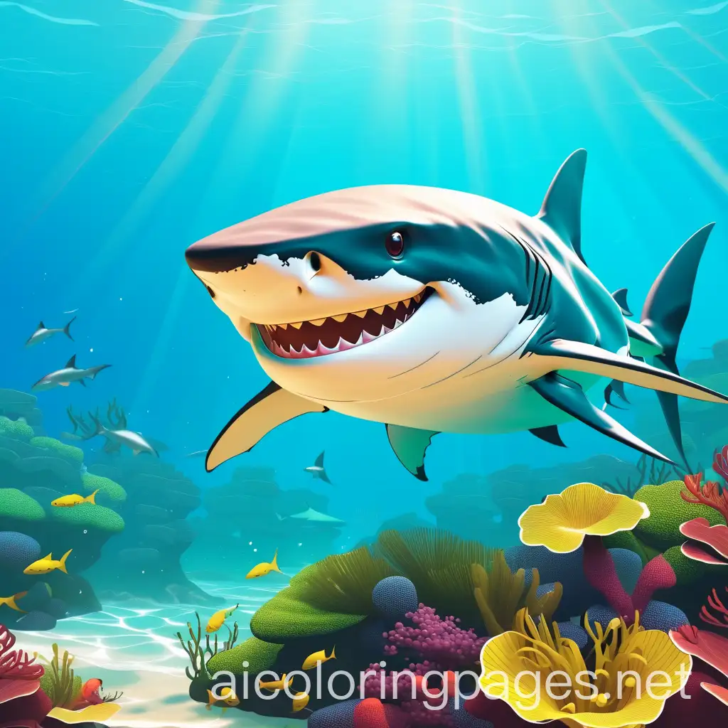 a smiling shark

, Coloring Page, black and white, line art, white background, Simplicity, Ample White Space. The background of the coloring page is plain white to make it easy for young children to color within the lines. The outlines of all the subjects are easy to distinguish, making it simple for kids to color without too much difficulty