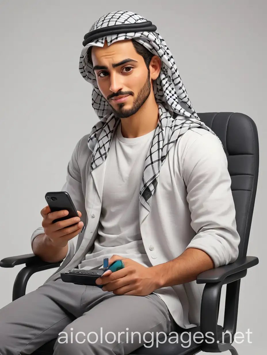 Create a 3D illustration of a handsome 25-year-old Arab guy busy typing on a mobile phone, sitting on a chair. The character wears a Palestinian keffiyeh., Coloring Page, black and white, line art, white background, Simplicity, Ample White Space.