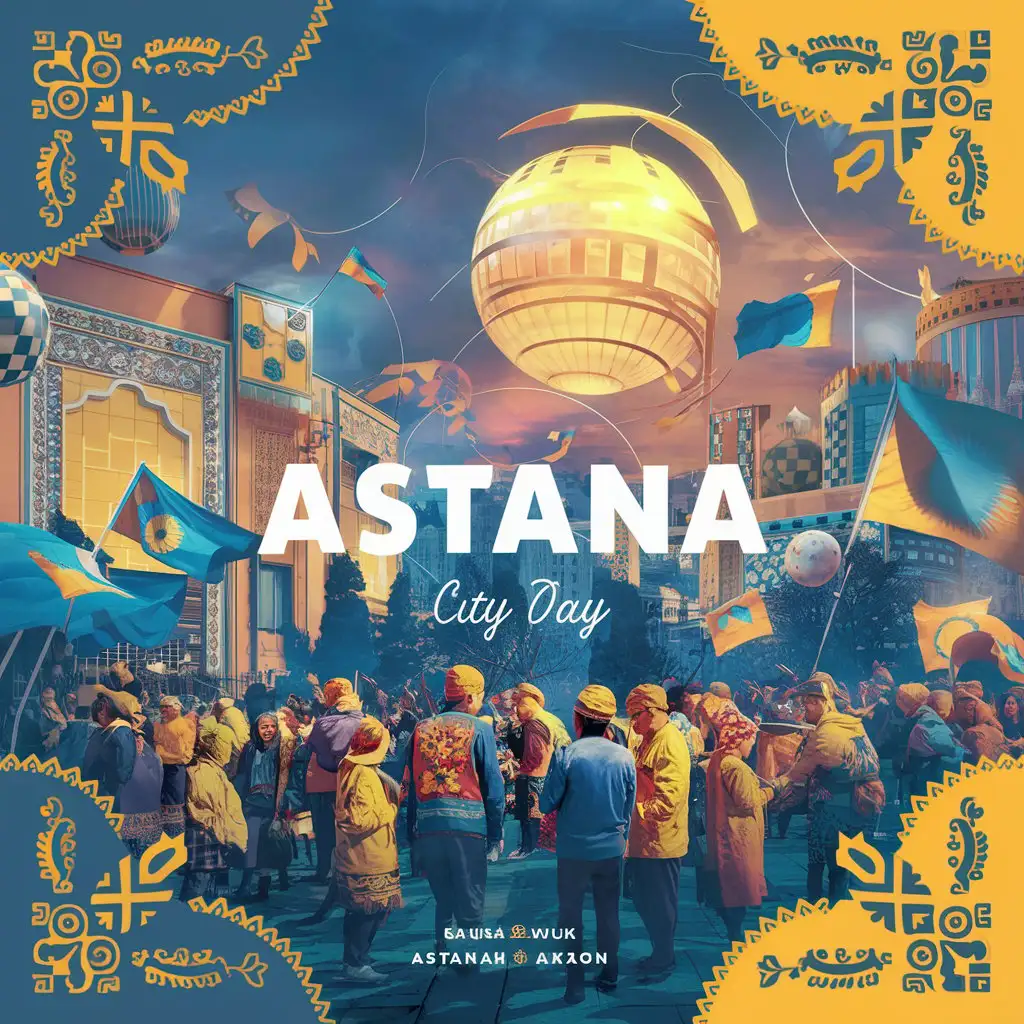 Kazakh Ornaments Celebrating Astanas Capital Day in Blue and Yellow