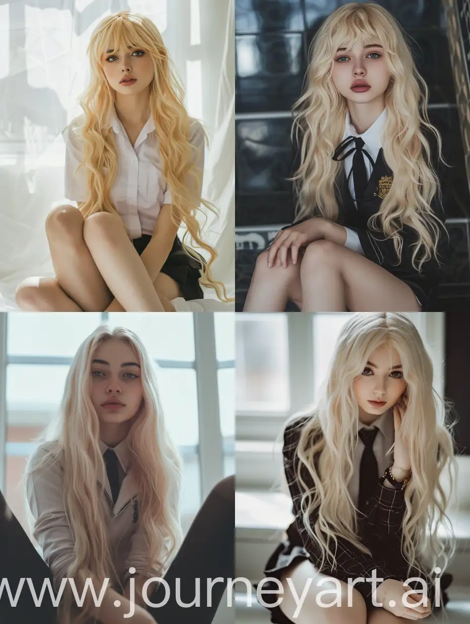 1 girl, long blond hair, 18 years old, influencer, beauty,   in the school, school uniform, makeup, , fullbody, fitness, sitting, crossed legs, down view