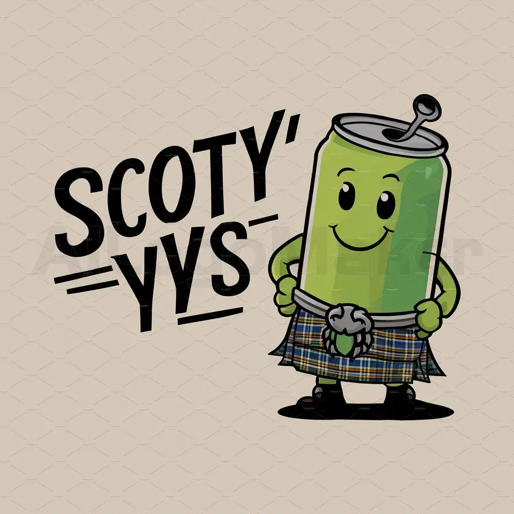 a logo design,with the text "Scotty's", main symbol:bright green can wearing a kilt,Moderate,clear background