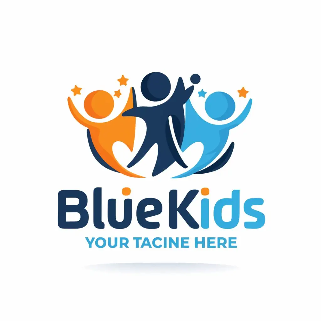 a logo design,with the text "Blue Kids", main symbol:three kids playing sports together,Minimalistic,be used in Sports Fitness industry,clear background