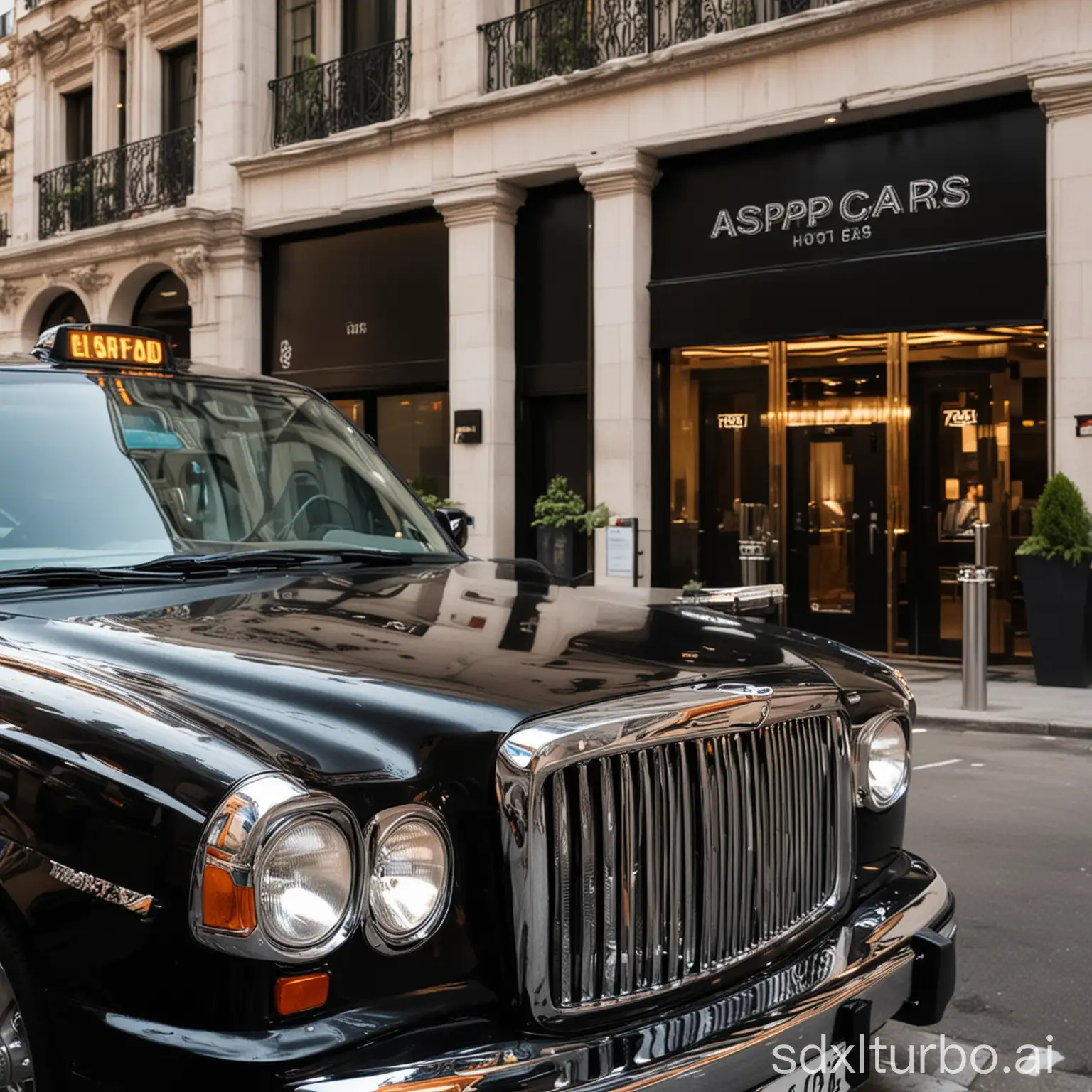 A black taxi cab is parked in front of a luxurious hotel. The taxi is clean and well-maintained, with a shiny black paint job and polished chrome accents. A sign that says ASAP CARS is resting on the hood of the taxi.
