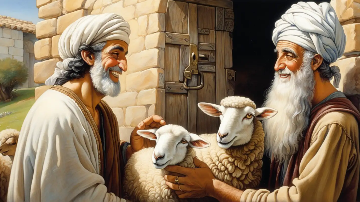 Biblical Scene Hebrew Young Man Giving Sheep to Elderly Figure at House Entrance