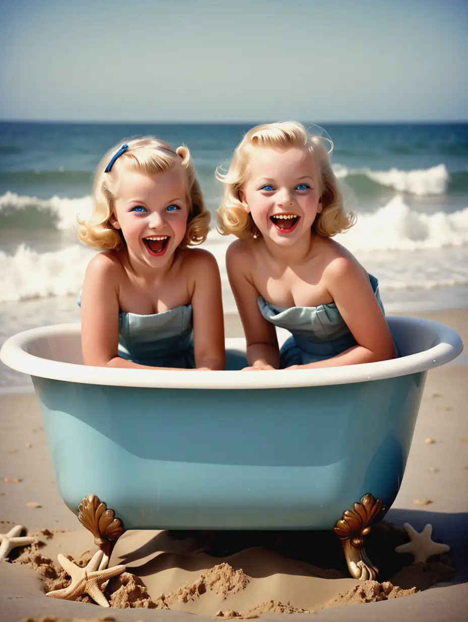 Make me an image retro, vintage 1950s image of 2 little blond girls with blue eyes sitting on the beach playing in a bathtub they are laughing having fun and looking straight into the camera lens, behind them you can see the sea, i see the complete batthub standing in the sand. The photo shoot happens in a 1950s a photograph studio, with a large backdrop in the background imaging the nice bleue sea