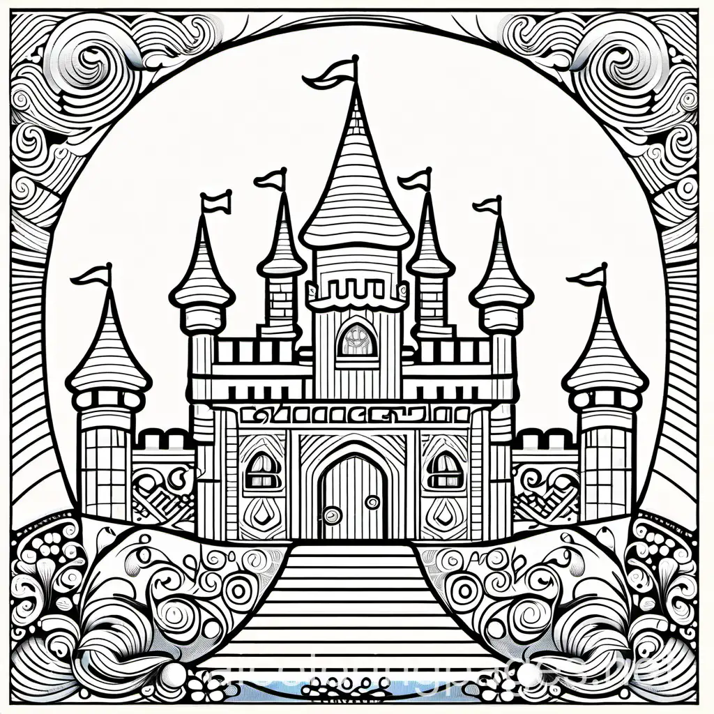 zentangle castle, Coloring Page, black and white, line art, white background, Simplicity, Ample White Space. The background of the coloring page is plain white to make it easy for young children to color within the lines. The outlines of all the subjects are easy to distinguish, making it simple for kids to color without too much difficulty