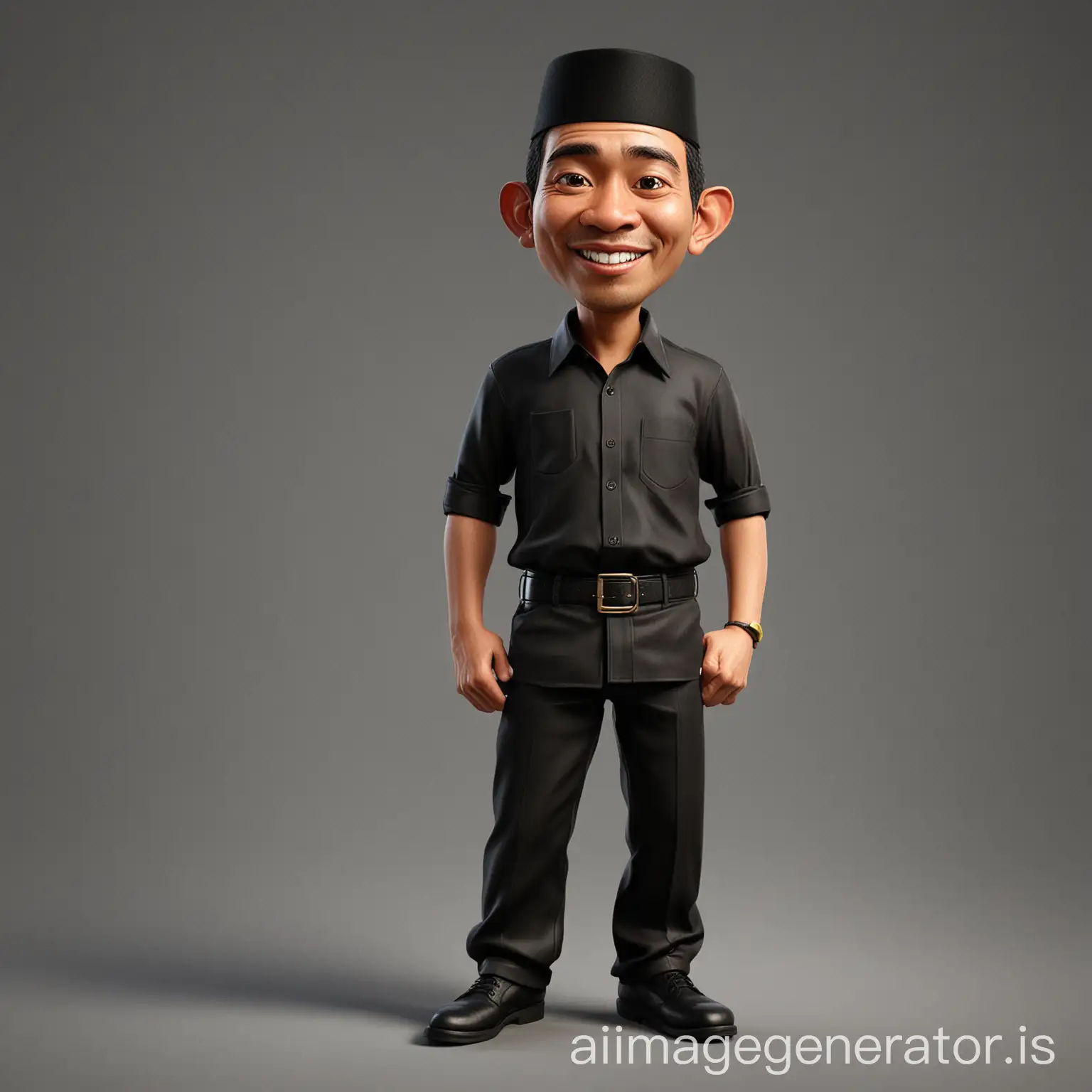 3d caricature, indonesian man, waering songkok, black shirt, black pants