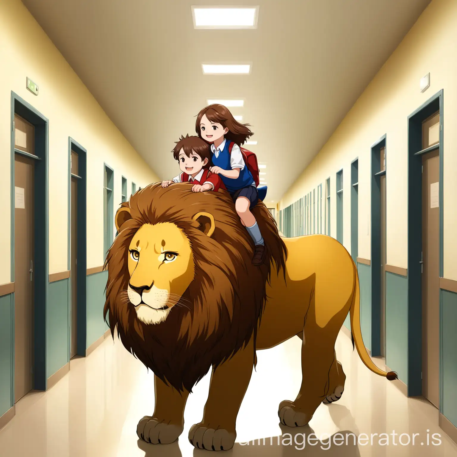 a little boy and a brown hair girl riding on the back of a huge lion in a school hallway
