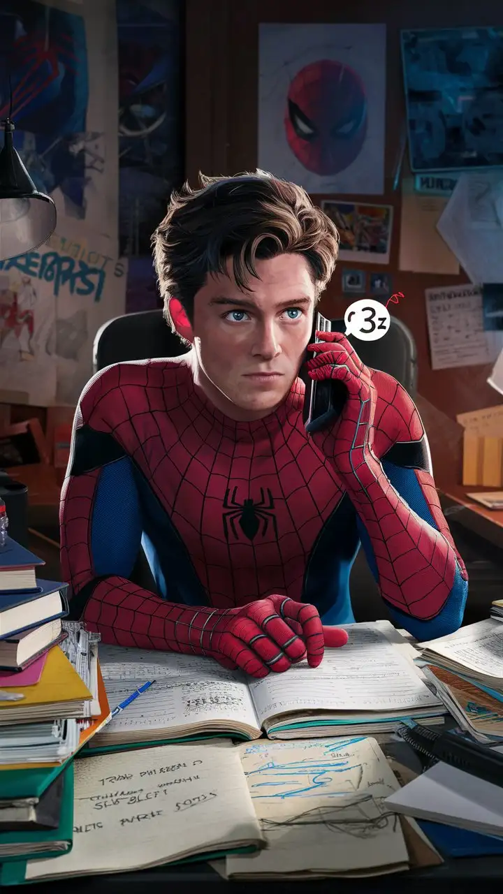 Peter Parker studying at a desk with physics books and notes when his phone rings with a special ringtone.