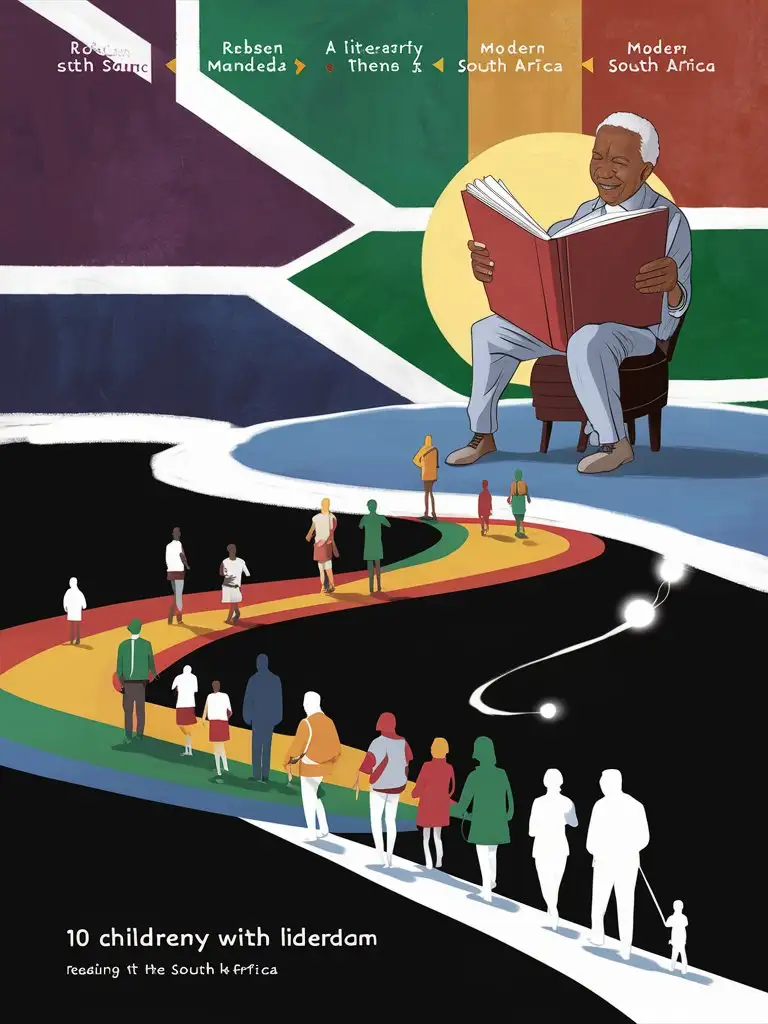 minimalistic pamphlet cover, children's book animation that showcases a path of visible 10 large vivid human footprints, each one representing a different literary theme or milestone coming from Robben island to modern South Africa in downward direction to  Nelson Mandela reading a big book like South African flag  colours and liberation, Title "30 Footprints of Freedom: South Africa's Literary Strides Towards Democracy and Beyond" silhouettes of the rainbow nations diverse community walking towards books and literacy of liberation, white infused