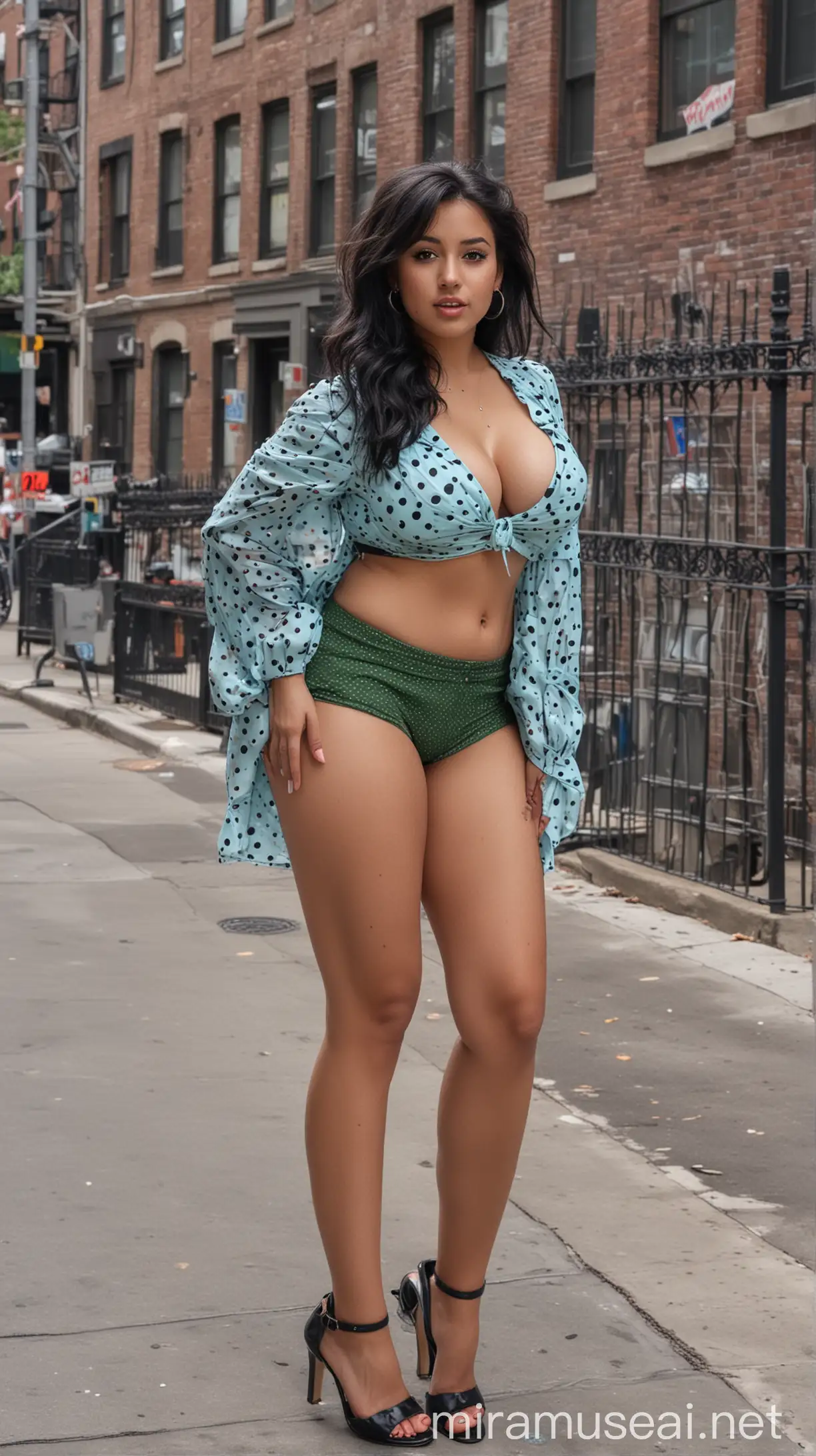 4k Ai art sit down girl view beautiful USA girl black hair nose ring ear tops high heels brown mini shorts and blue black dots shirt and green bra big tits big booty in usa new york city on the street cutout front view