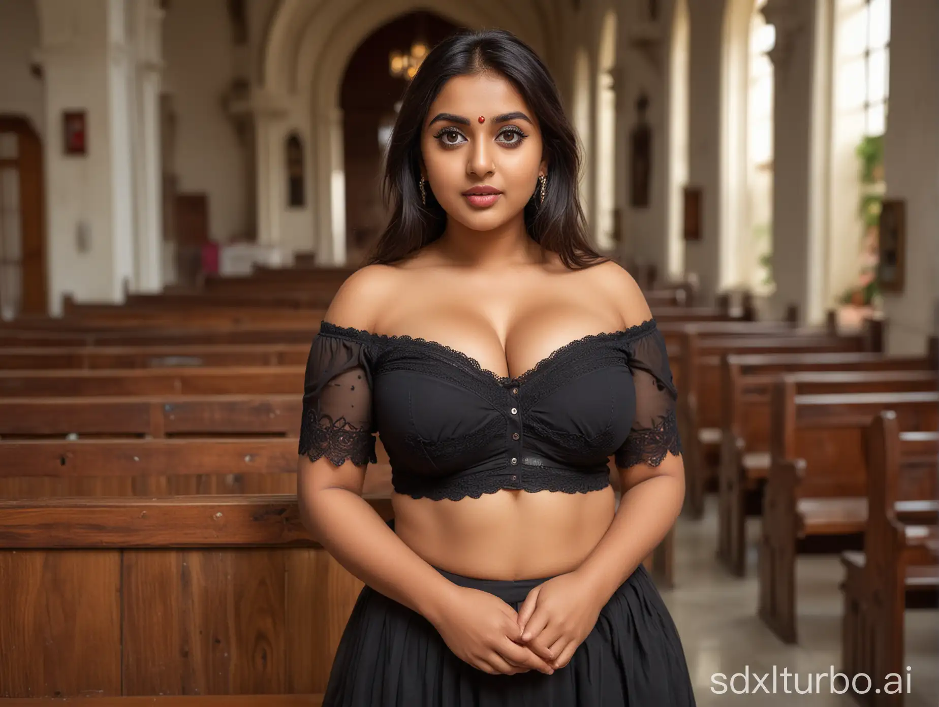 CURVY indian woman with enormous breasts, with Plump female body, with strapless short sleeve Chiffon crop top bra with deepest v cleavage and tightest mini skirt, she has busty body, beautiful look, big eyes, perfect wine eyes, fantastic face, beautiful look, detailed elegant, blurred background, ultra focus, face illuminated, face detailed, 16k resolution. she is hugging with her male family in the church