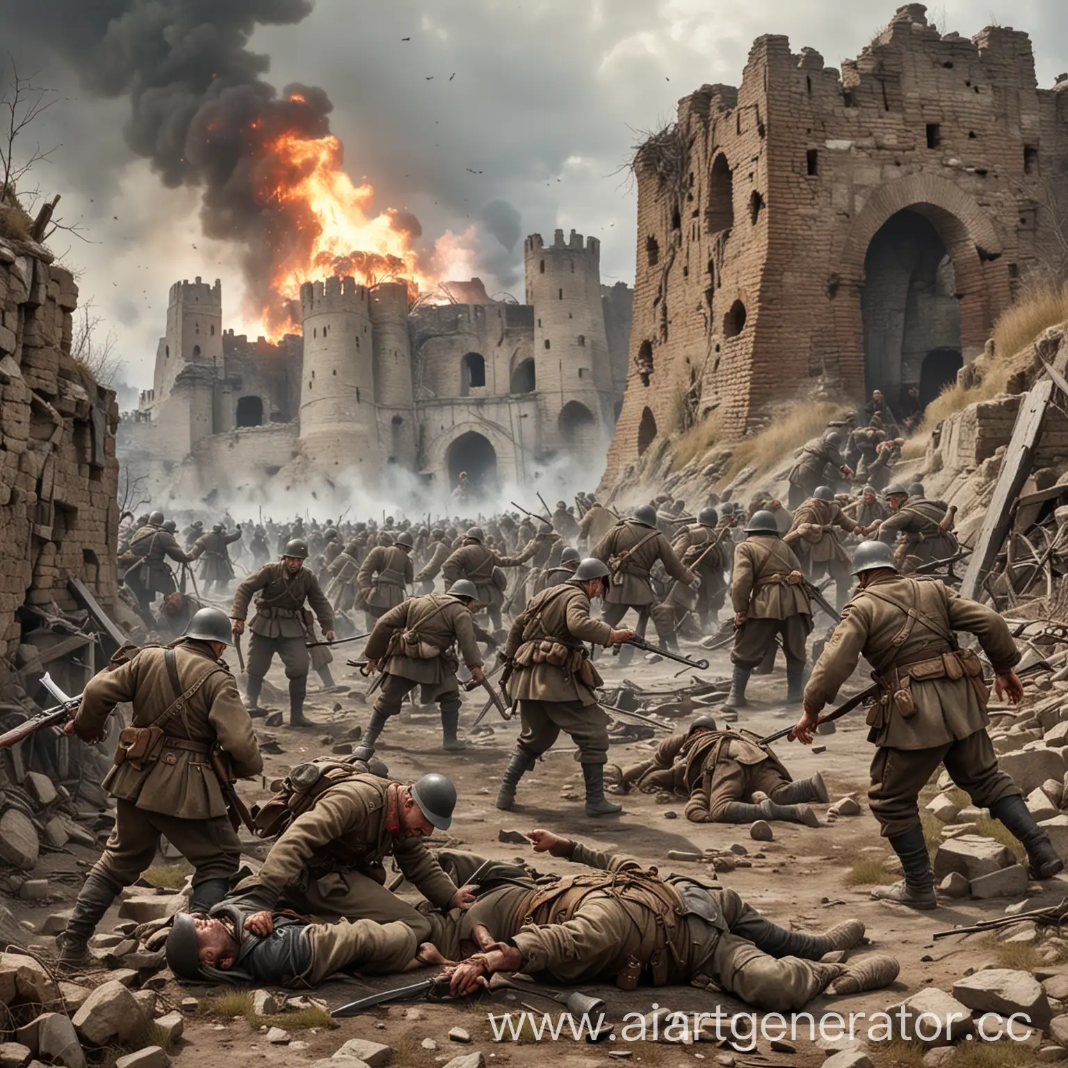 Атака русских мертвецов прбедждаюших немцев на фоне разрушенной крепости