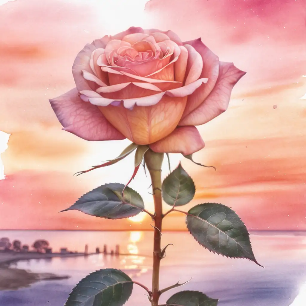 Double Exposure Watercolor Painting Rose and Sunset