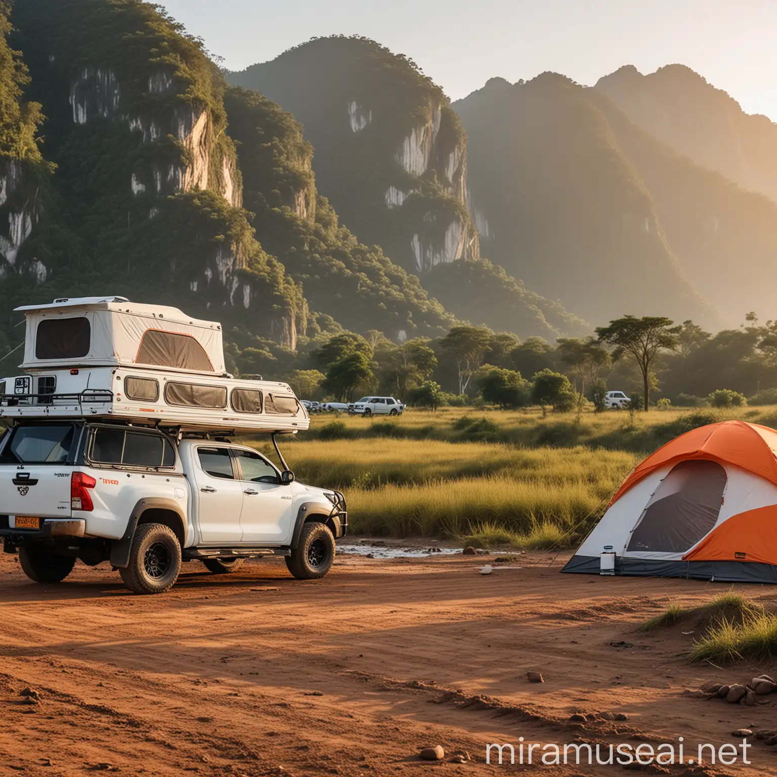 scenic thai mountain range panorama at dawn, white Toyota Hilux parked on the side with an compact modern adventurous motorhome conversion off road tires slightly dirty with bold orange logo saying 'Indie Campers' on the side of the truck, off road setting, next to it people loading tents into the back of the truck 