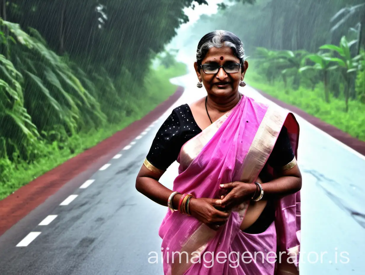 a indian mature   very  fat housewife school teacher woman having big stomach age 63 years old vintage  looks with make up on face ,binding her high volume hairs, Gajra Bun Hairstyle . wearing metal anklet on feet and high heels ,   . she is happy and smiling. she is wearing  neck lace in her neck , earrings in ears, a power spectacles  on her eyes and wearing wet pink cotton saree and a half black blouse  on her body. she is putting saree on her fore head ,she has a vanity bag on her shoulders. she is standing  on a lonely forest high way enjoying the rain  showing hand for lift ,  and its day time . its raining very heavy . she is standing near a car. she is fully wet. its night time.
she is showing her hand for lift.