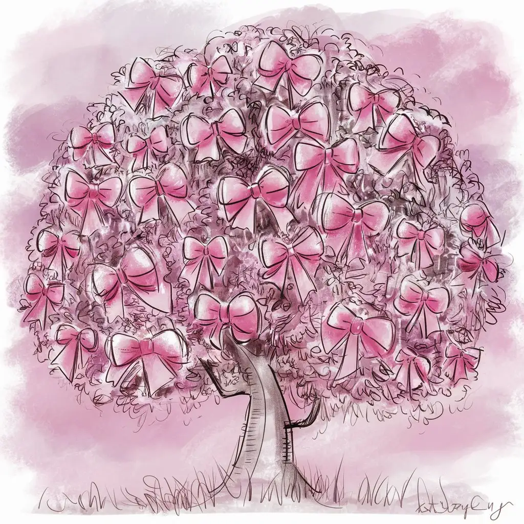 a sketch of a tree with lots of pink bows 