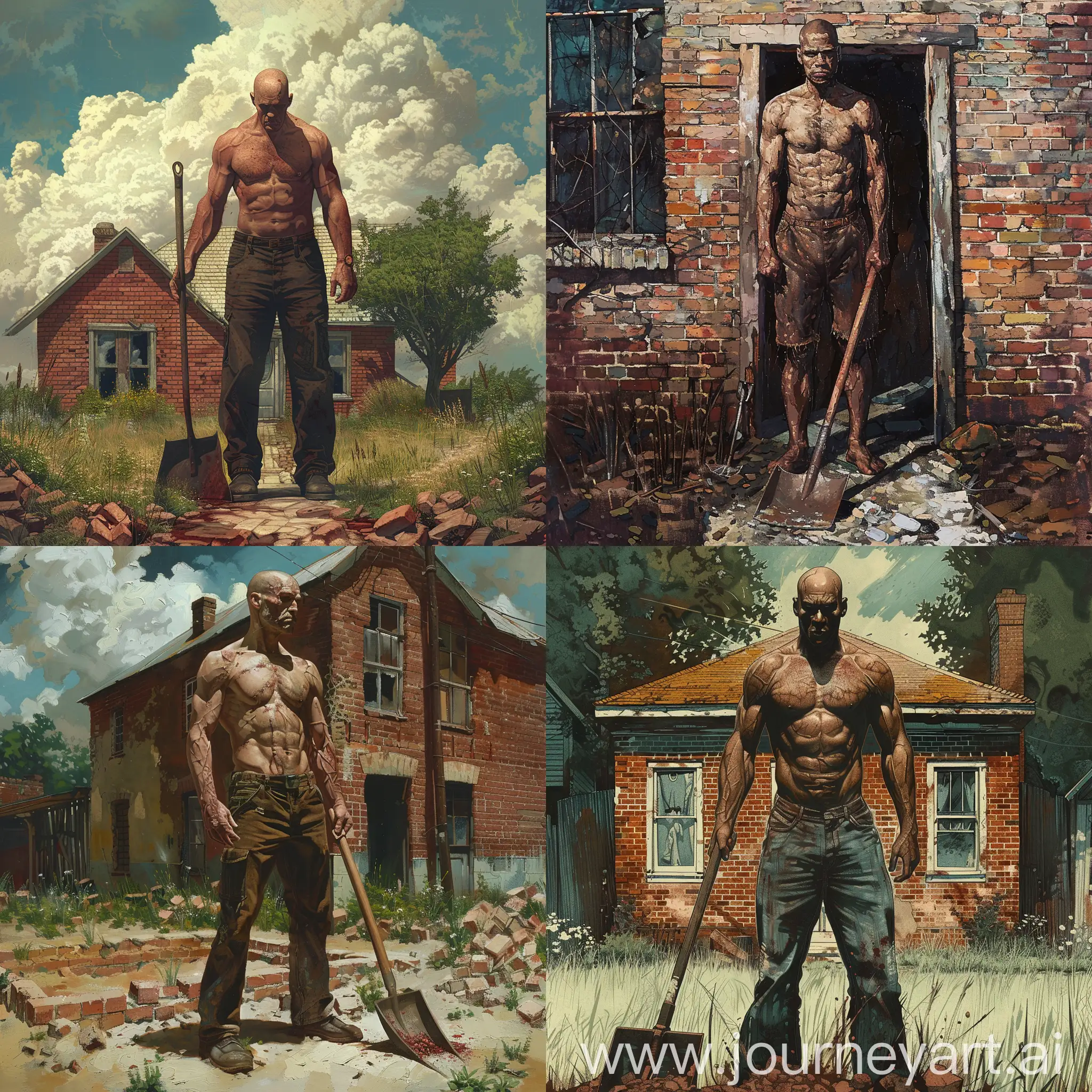 A man with a powerful build and no hair on his head, looking to be thirty years old, stands with a shovel in front of a brick house, doing burial in two-dimensional space.