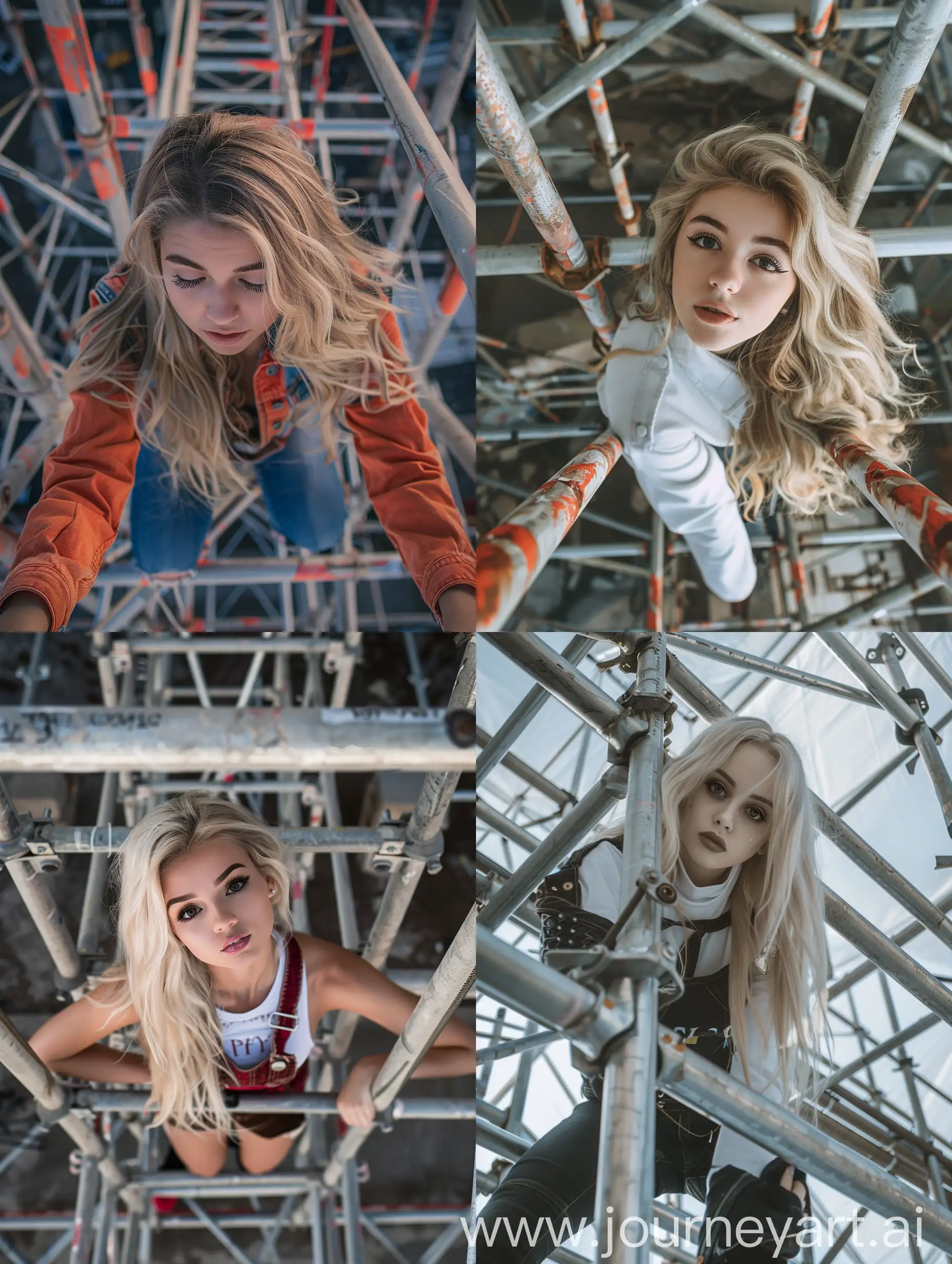 1 girl, long blond hair, 18 years old, influencer, beauty,   cheerleader, makeup, down view, , down view,  4k, , is working on a steel scaffold under construction