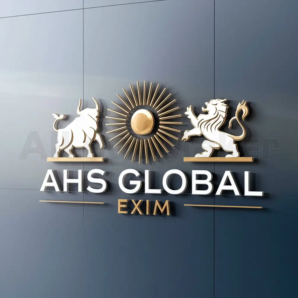 a logo design,with the text "AHS GLOBAL EXIM", main symbol:SUN, BULL, LION,Moderate,be used in EXPORT IMPORT industry,clear background