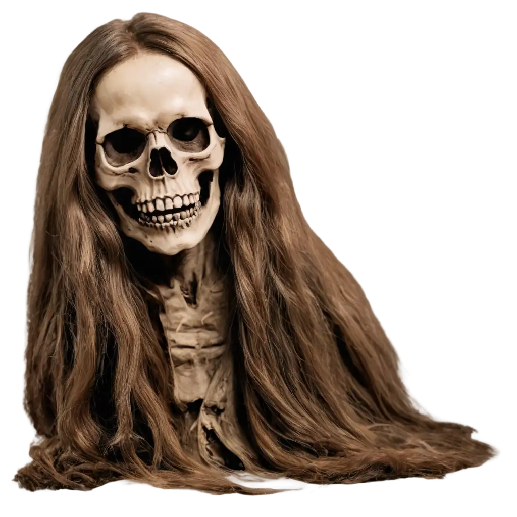 a scary skull of ghost with long hairs in brown color