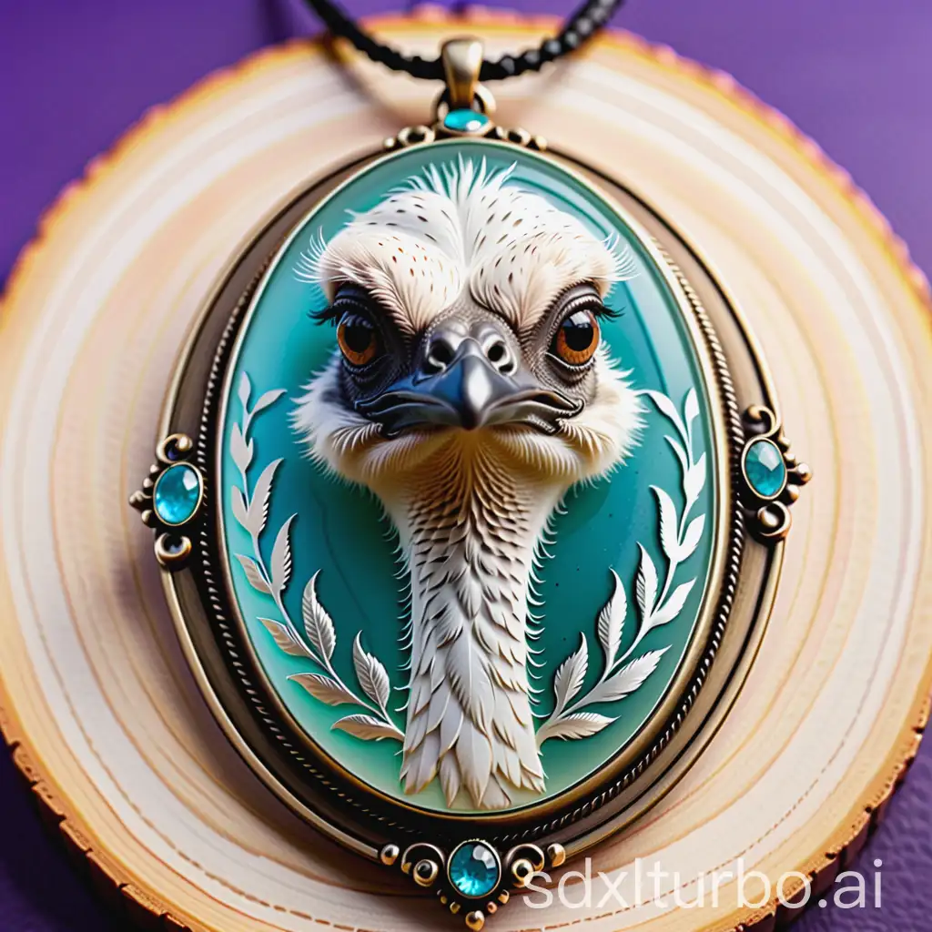 Create a cameo like pendant with a ostrich head and engraving in the background