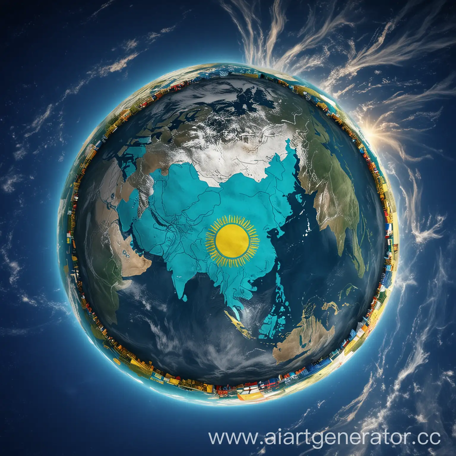 SHOW THE EARTH WITH FLAG OF KAZAKHSTAN WHICH IS COLOURFUL  IN THE CENTER  