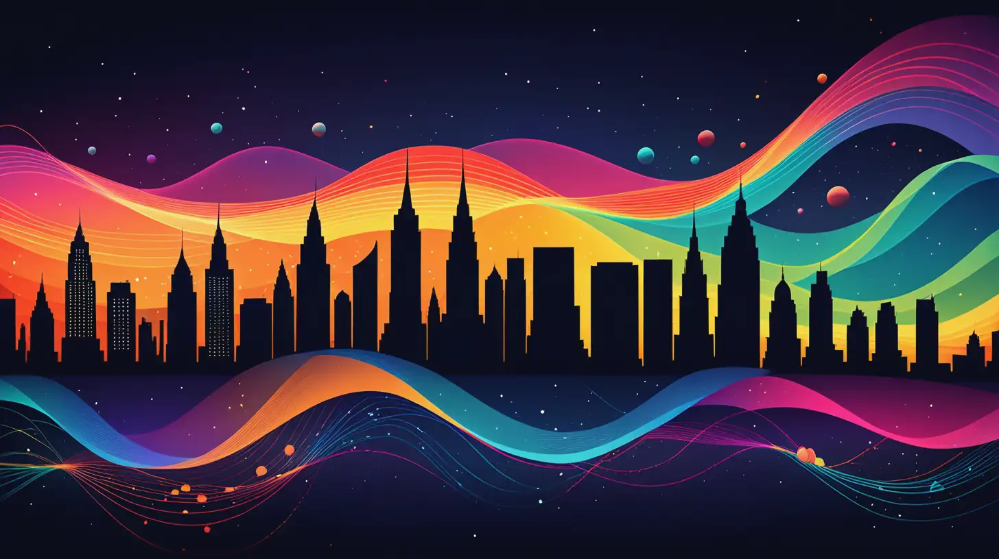 Vibrant Silhouettes of Colorful City Buildings and Landmarks Inspired by Gravitational Waves