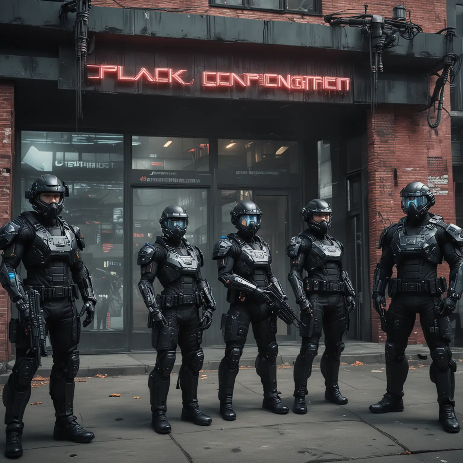 Cyberpunk Law Enforcement Officers in Front of Futuristic Building ...