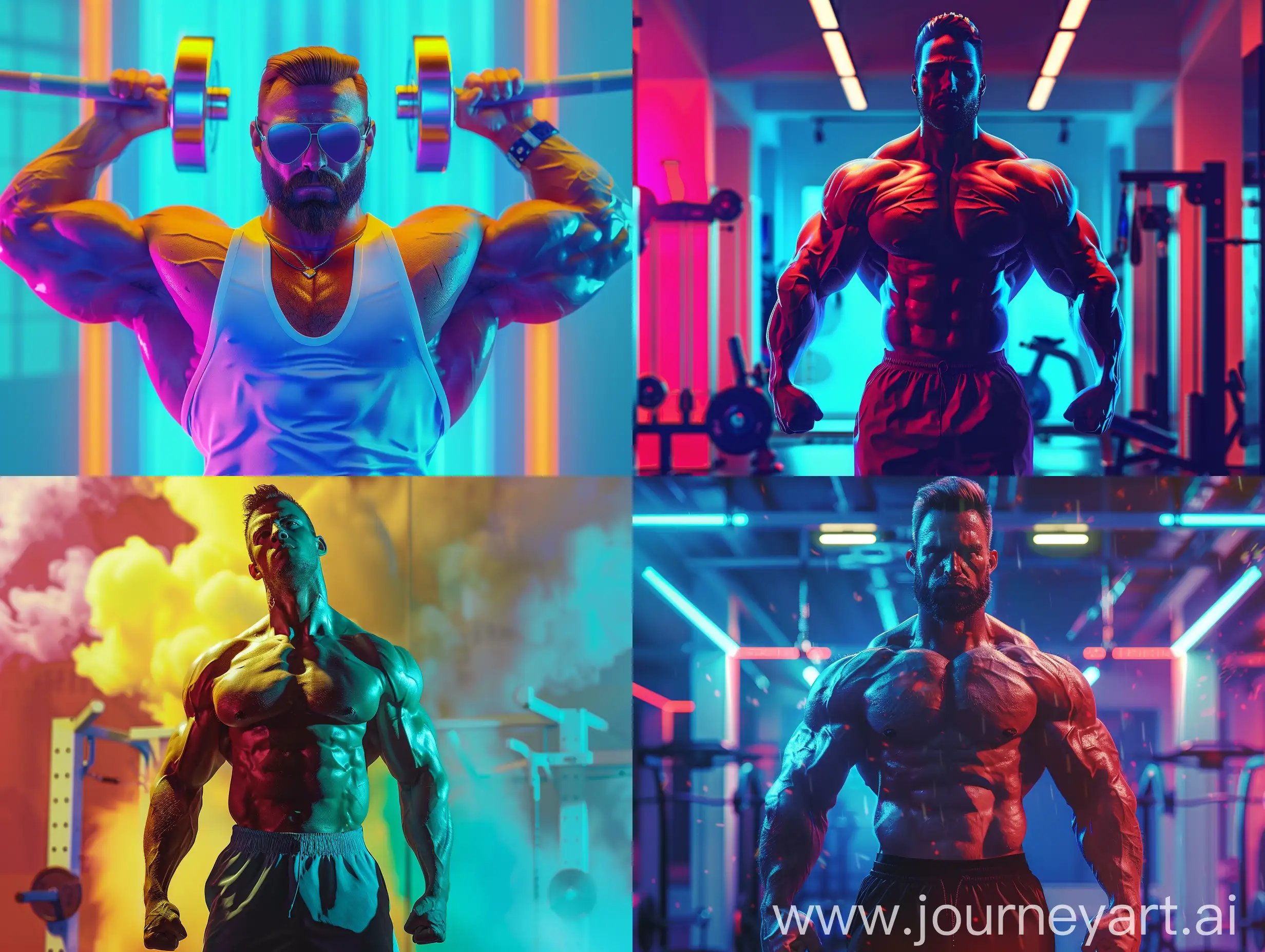 an 3d illustration of a guy in gym with big and strong muscles exercising in the style of cinematic with colourful background