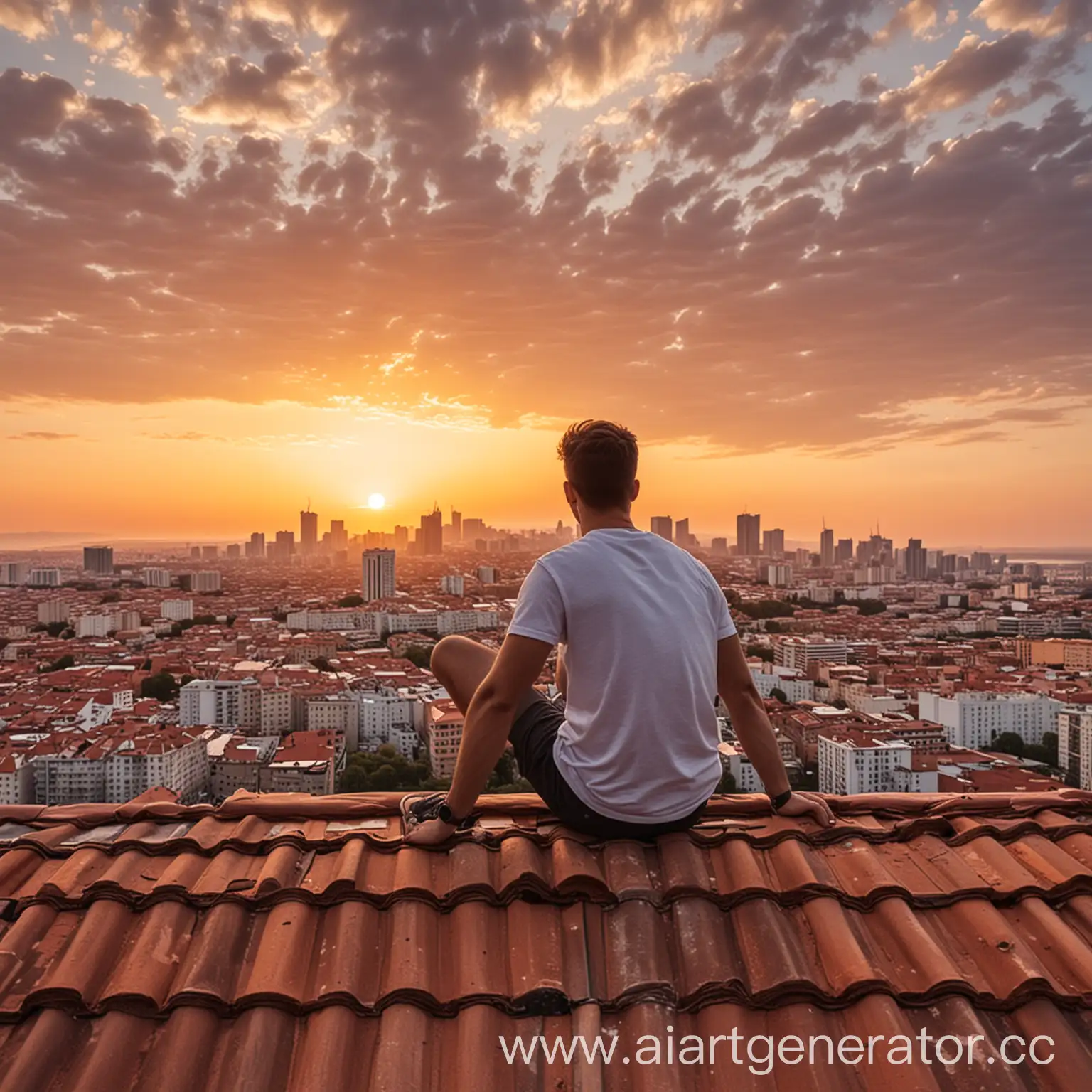 парень сидит на крыше на фоне города и заката

