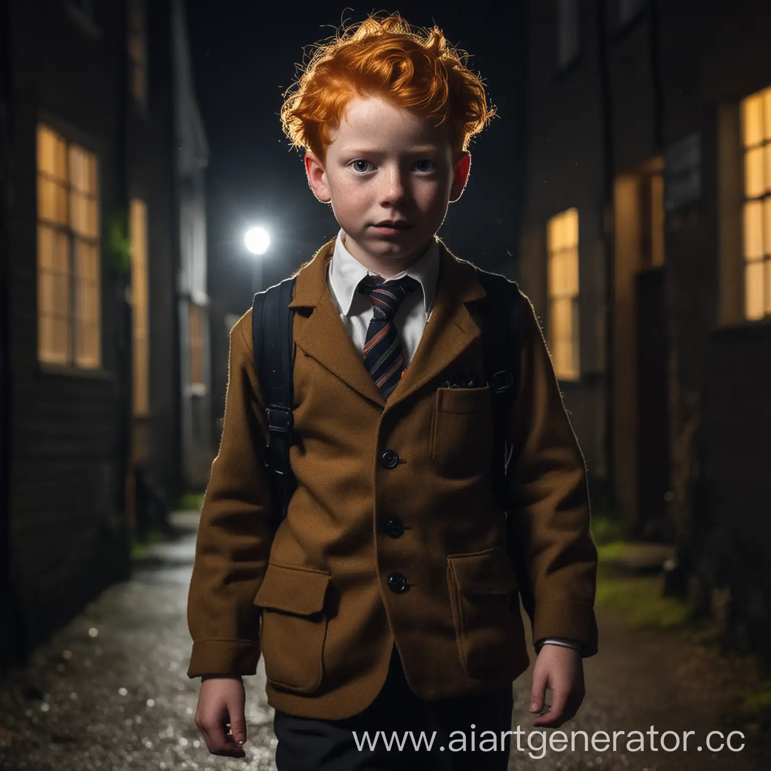 Маленький рыжий школьник возвращается после школы домой по темноте