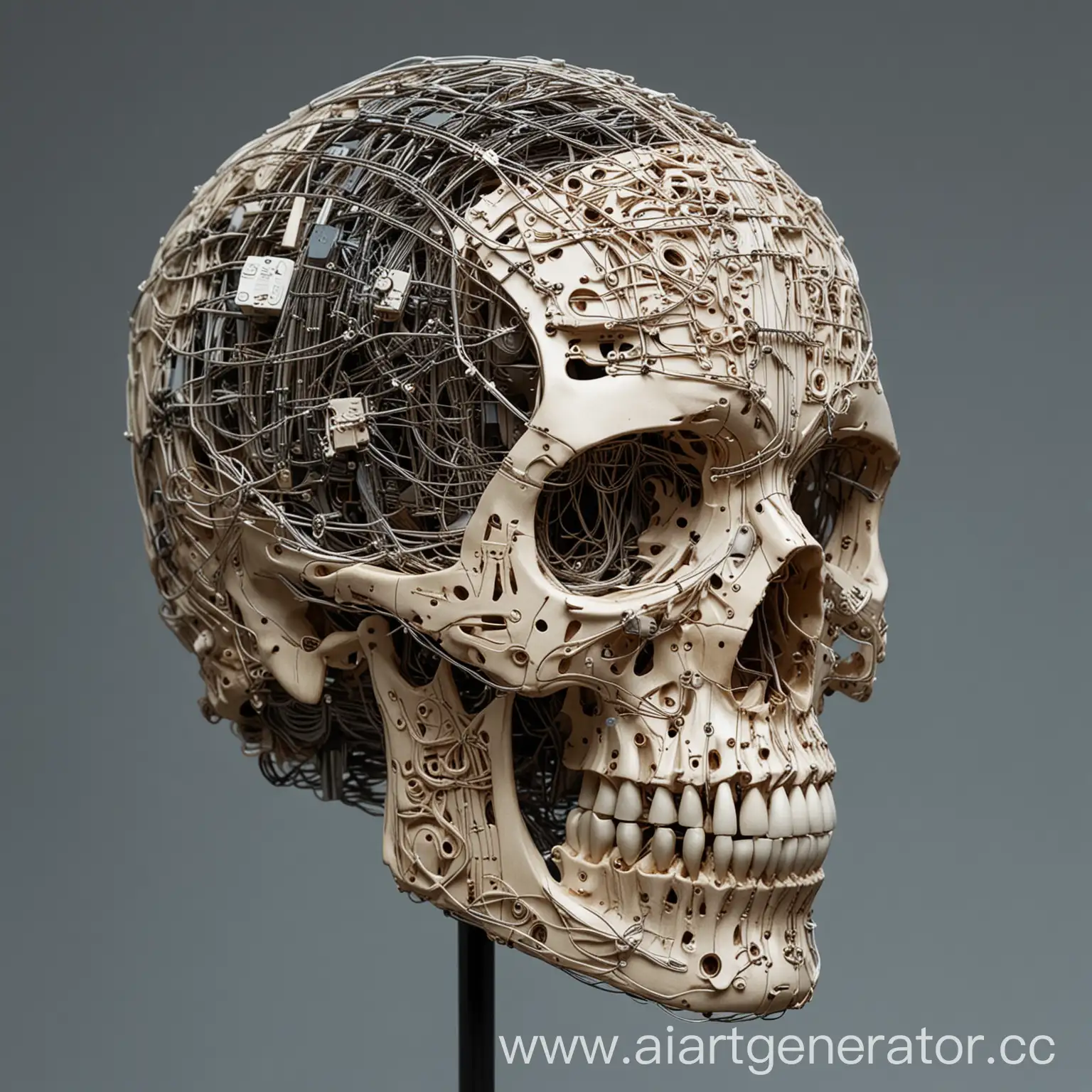 AI innovative mind solution da vinci  skull model made of wires and chip 
