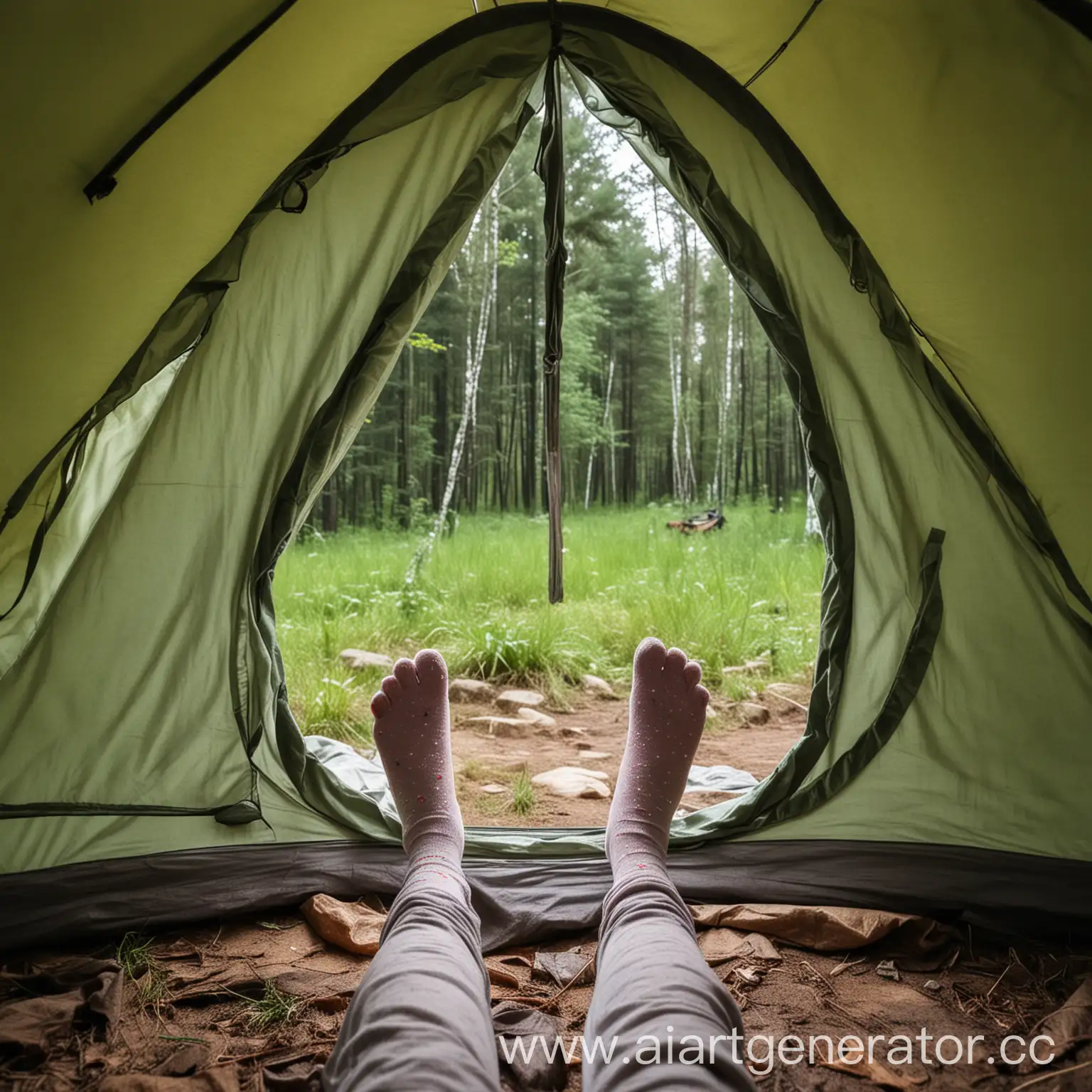Childs-Feet-in-Socks-Peeking-Out-of-Tent-with-Open-Door-Surrounded-by-Green-Forest