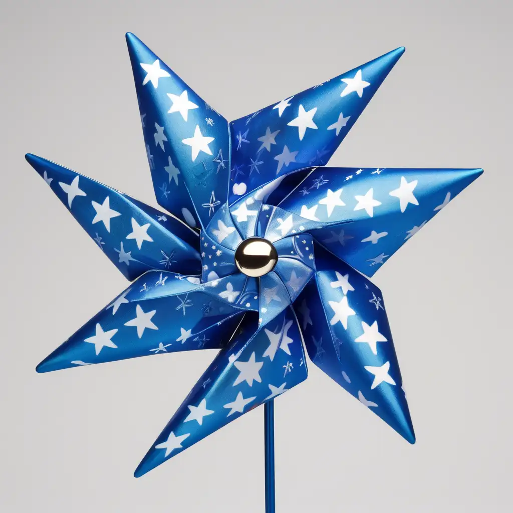 Colorful Shiny Blue Pinwheel with White Stars Spinning in Summer Breeze