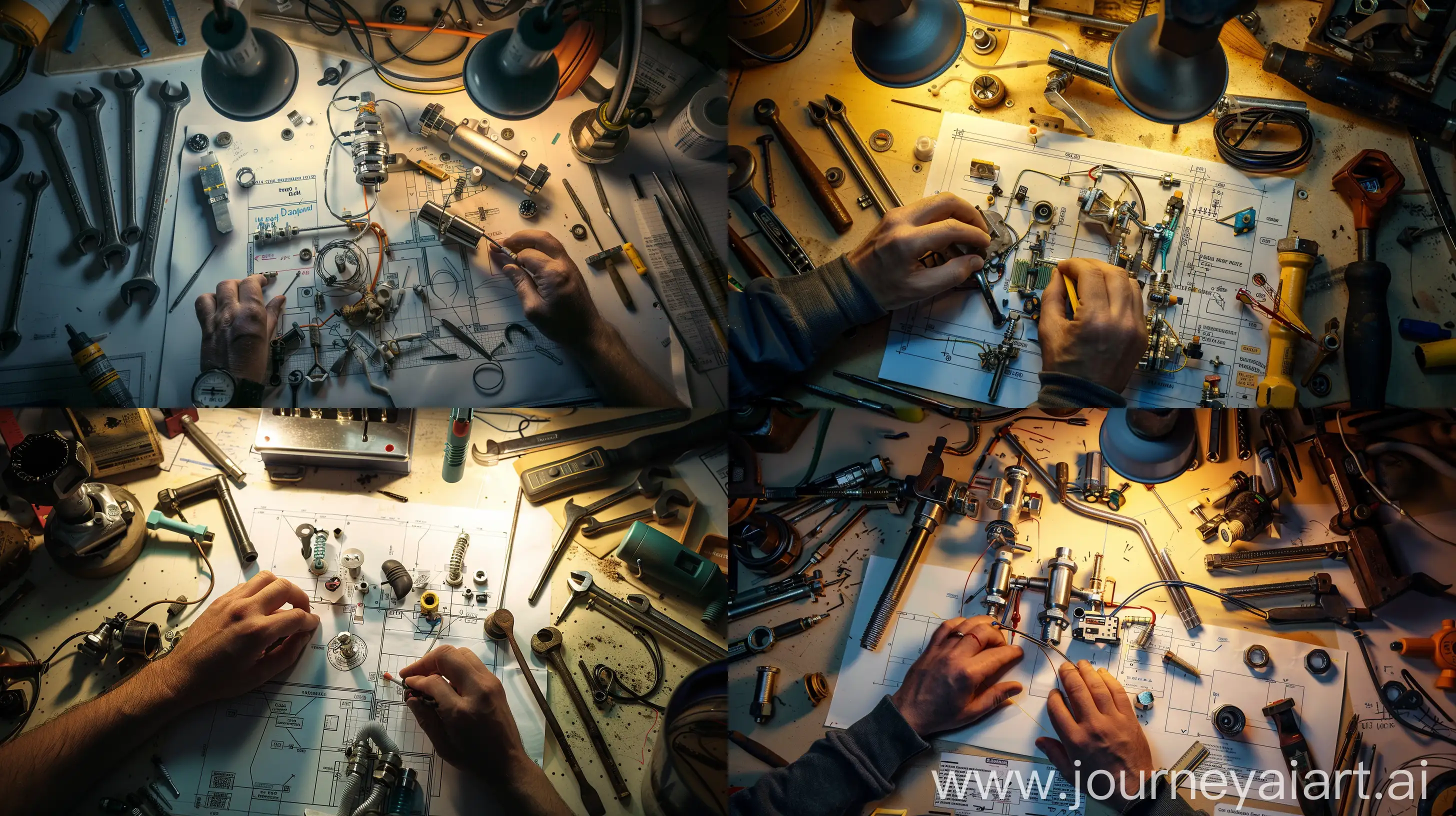 A close-up photograph capturing the intricate process of assembling a homemade hydroaccumulator, showcasing hands meticulously arranging components. The scene unfolds on a cluttered workbench illuminated by bright overhead lighting, highlighting the assortment of tools and materials required for the task. The central focus is on the hands carefully positioning various parts, emphasizing precision and attention to detail. Technical specifications and requirements are visible in schematics and notes nearby, underscoring the meticulous planning involved. The array of tools, ranging from wrenches to soldering irons, underscores the complexity of the endeavor. Raw materials such as pipes, valves, and connectors are arranged nearby, ready for assembly. The composition exudes an atmosphere of focused determination, reflecting the preparatory phase of crafting a hydroaccumulator from scratch.  --ar 16:9 