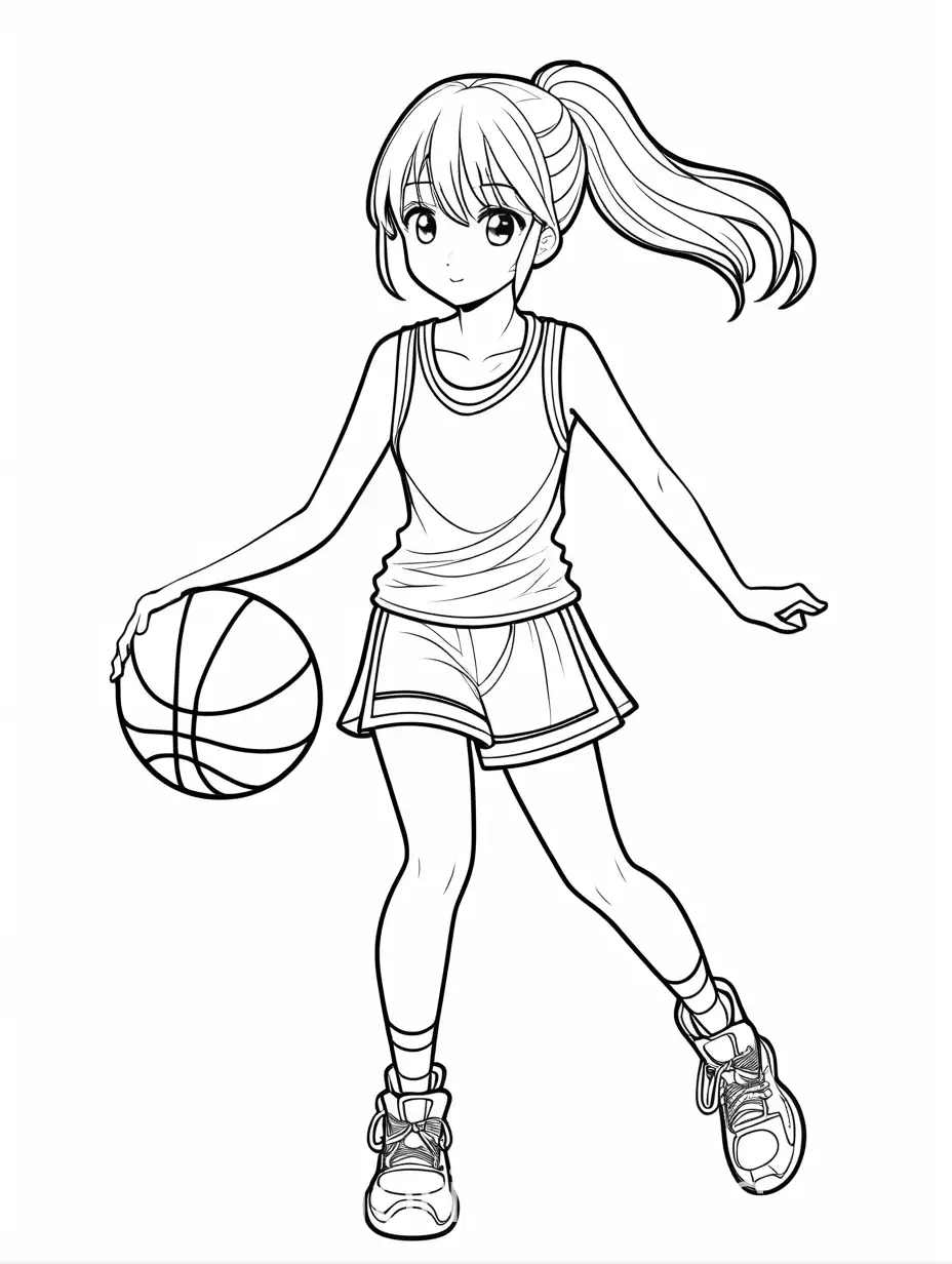 cute anime girl, playing basketball, Coloring Page, black and white, line art, white background, Simplicity, Ample White Space. The background of the coloring page is plain white to make it easy for young children to color within the lines. The outlines of all the subjects are easy to distinguish, making it simple for kids to color without too much difficulty