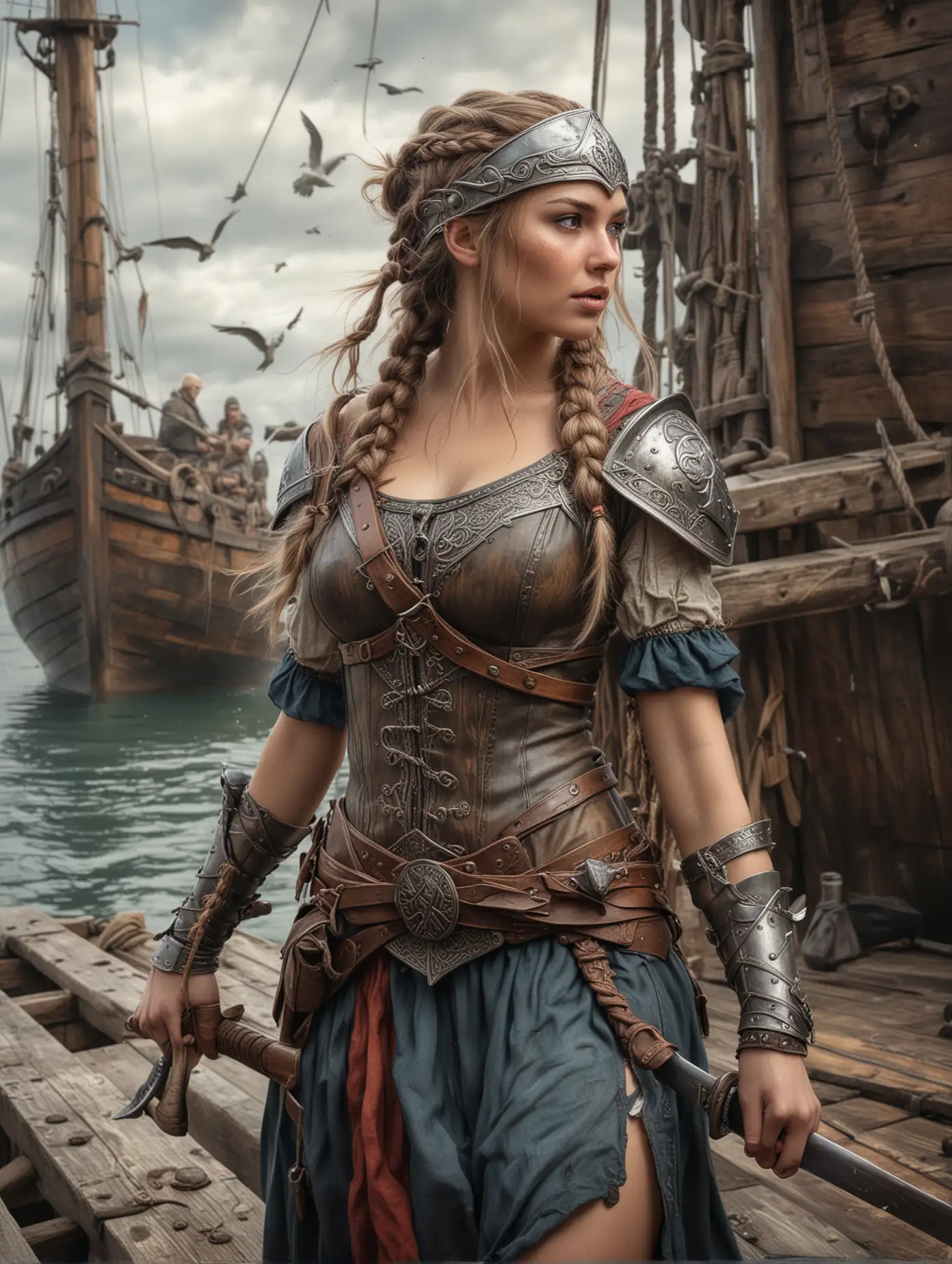 Highly detailed pencil sketch and charcoal drawing of a beauty european woman in cosplay as viking's warrior with braided hair, her head were covered with viking's helmet and sword was in her hand, standing in dynamic action pose on the old wooden ship's deck, with seagulls flying around her, fetai pose, full body view, intricate details, sharp focus, matte colorful organic shape, masterpiece art, high resolution, concept art