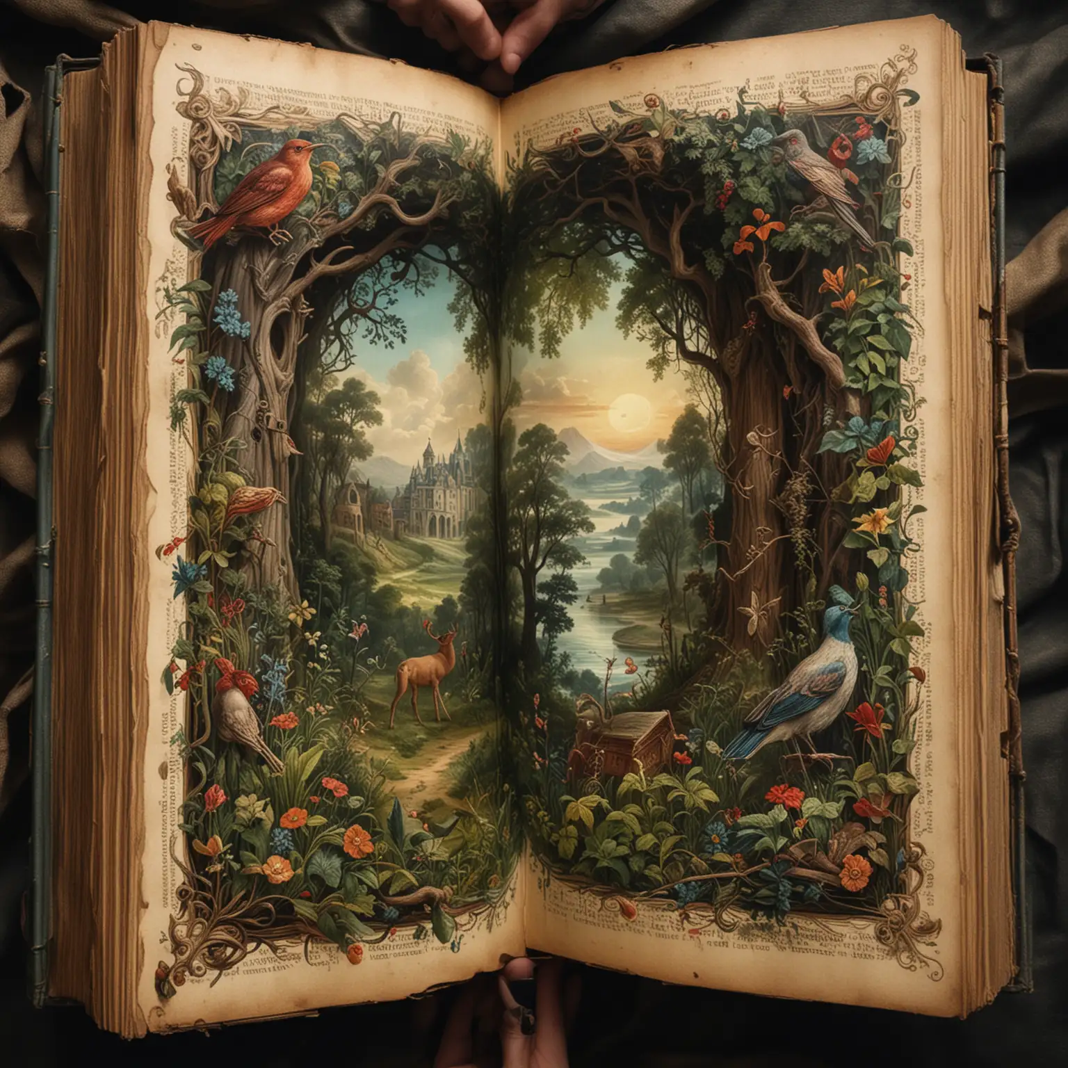 A beautiful photo of an open old Victorian-era book, full of legends and myths. The book contains ancient stories of secrets and adventures, being a portal to a world where history mixes with fantasy, creating extraordinary stories with beautiful painted illustrations.