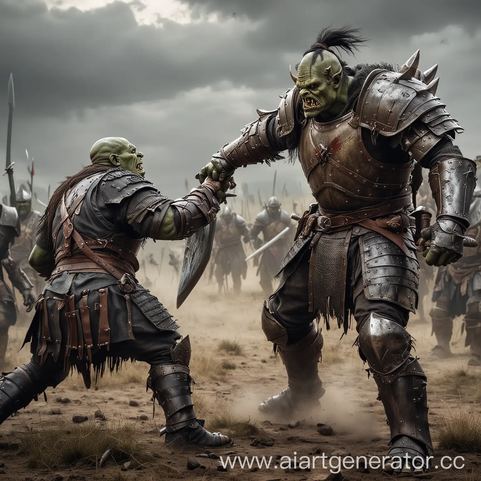 epic battle between an orc and a human knight on the battlefield