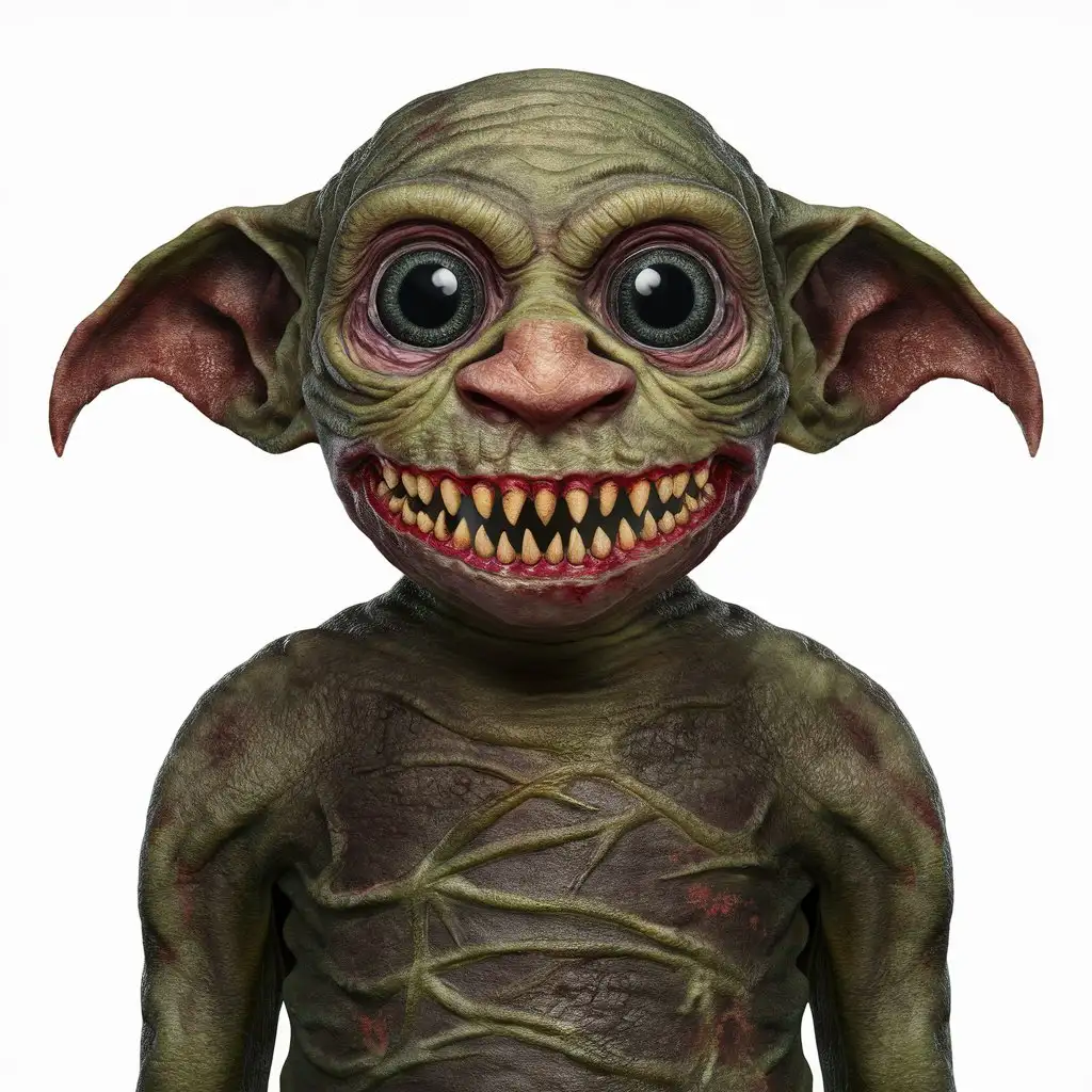 Dobby harry potter, but with piranha teeth, large reptilian eyes all black, flat nose, teeth coming out of it's nose, very scary almost looks like a demon, dark greenish mold color overall