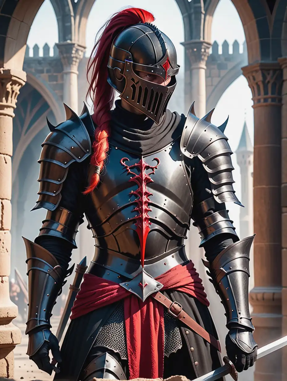An image a rogue knight, looking similar to Sauron, keep ruins, black armour, chestplate resembling a ribcage, helmet with a very long red ponytail, torn red fabric, gauntlets with sharp nails, Large black longsword, medieval fantasy style 